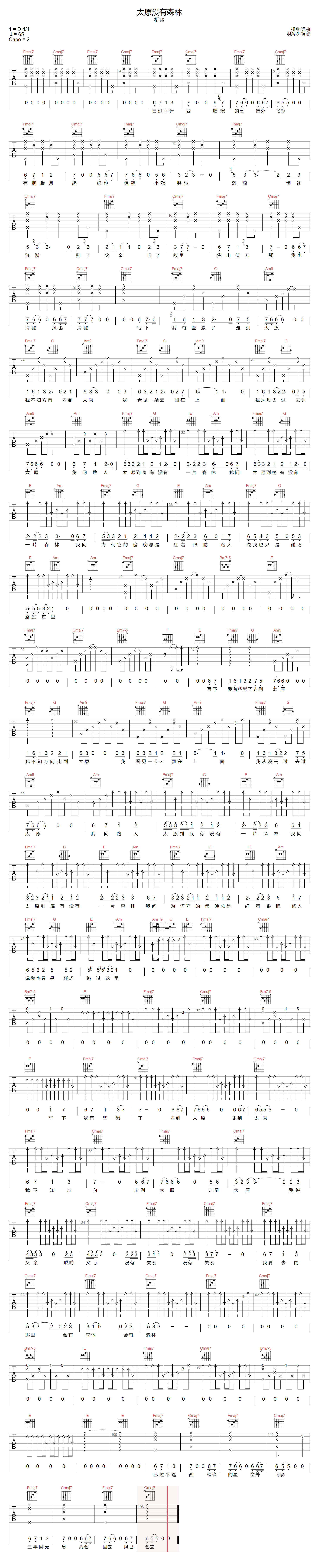柳爽《太原有没有森林》吉他谱_C调原版弹唱谱-图1