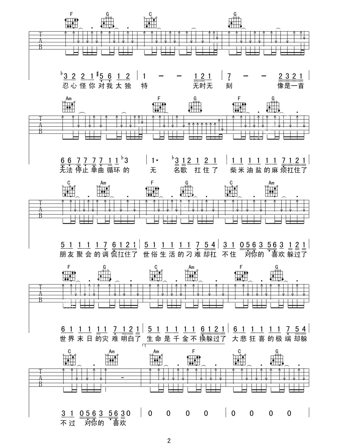 阿肆《喜欢》吉他谱_C调指法简单版弹唱谱-图2