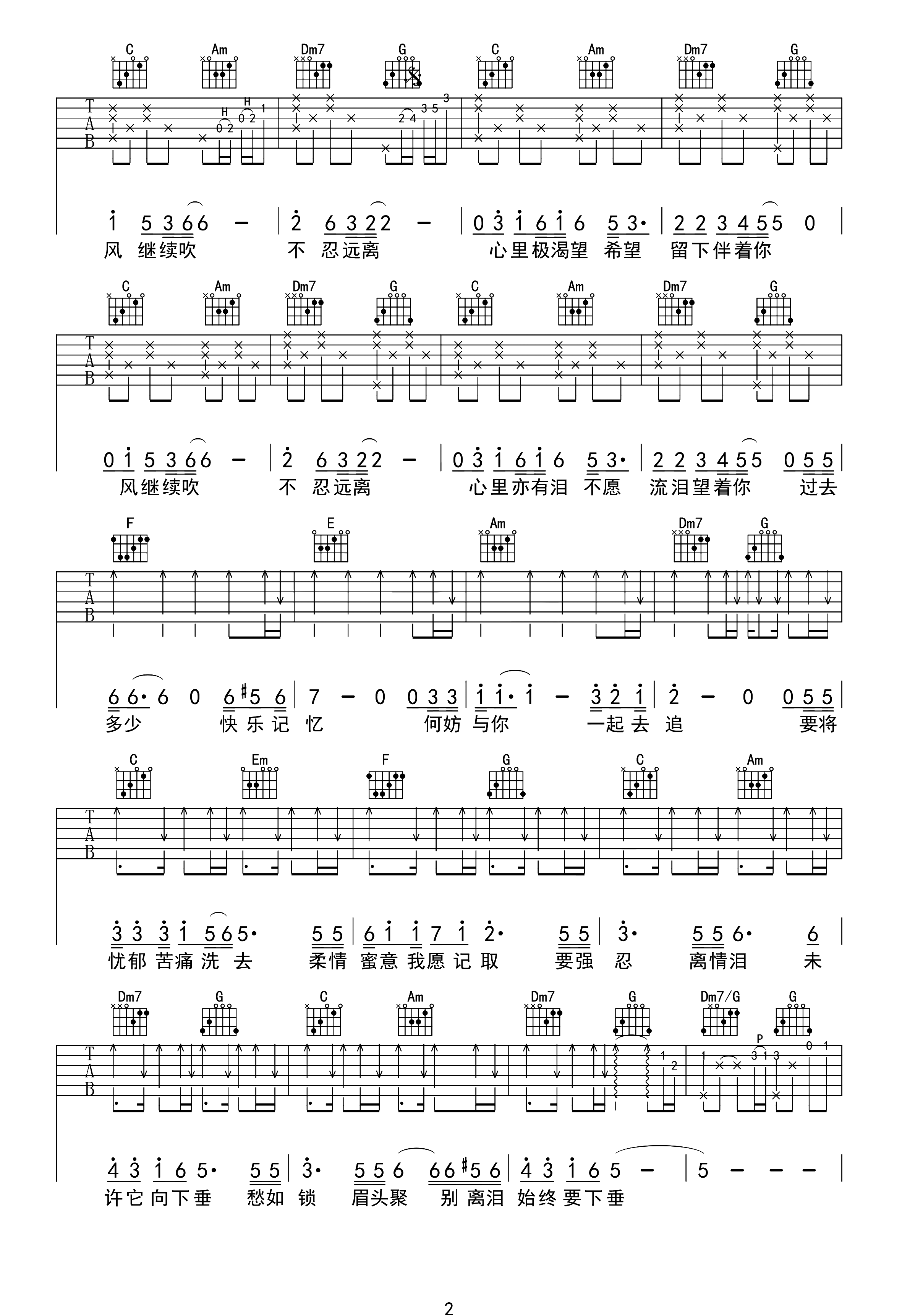 张国荣《风继续吹》吉他谱_C调指法原版弹唱谱-图2