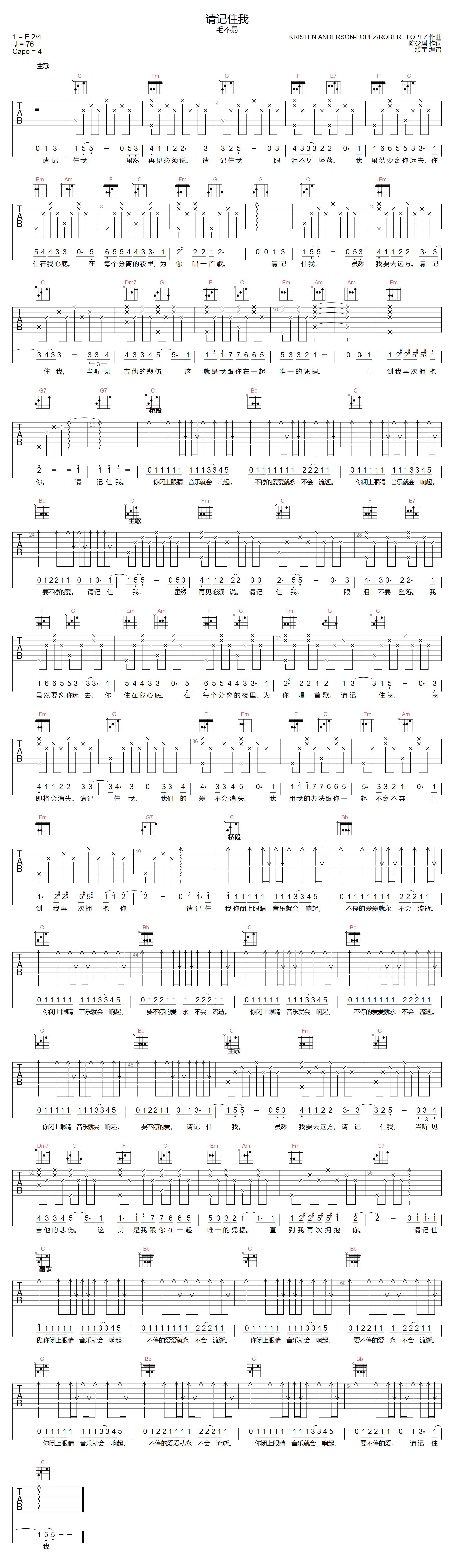 毛不易《请记住我》吉他谱_C调原版弹唱谱-图1
