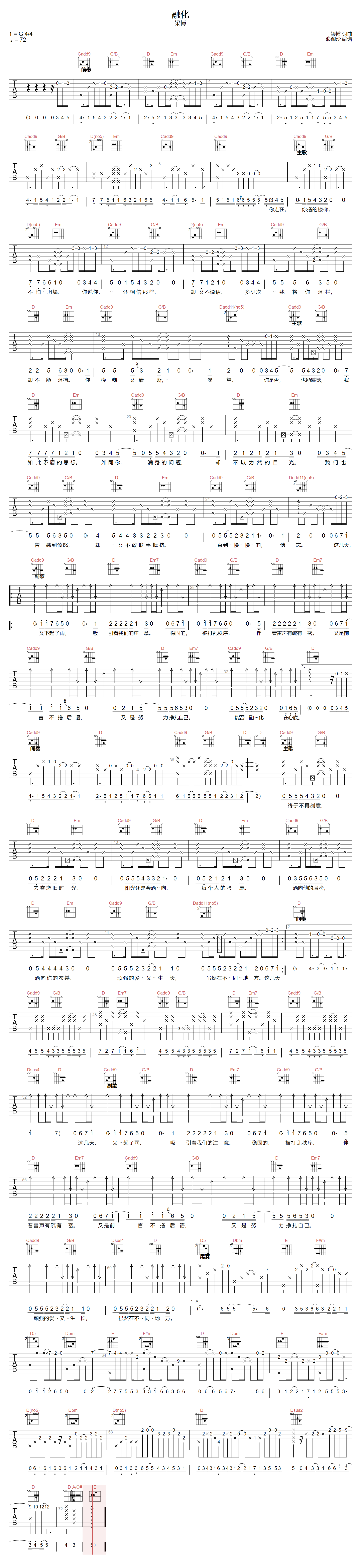 梁博《融化》吉他谱_G调指法原版弹唱谱-图1