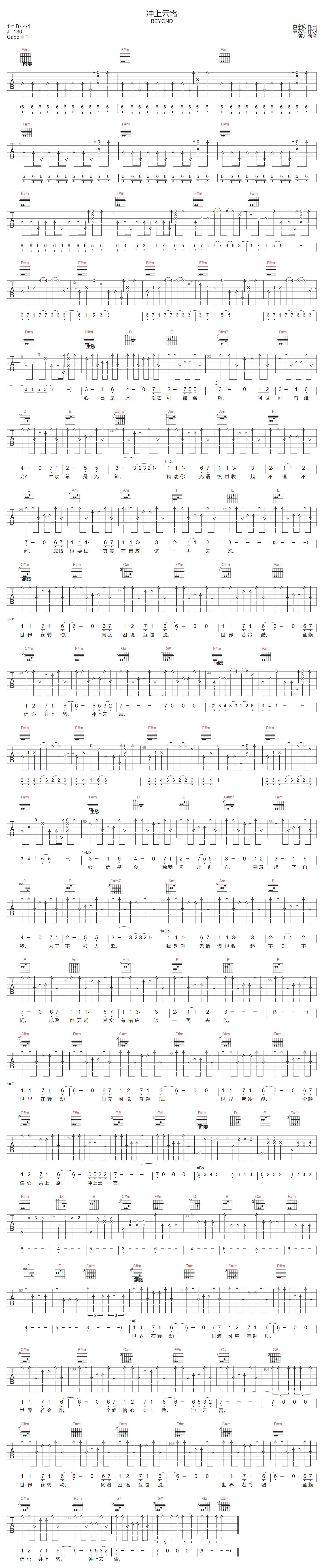 Beyond《冲上云霄》吉他谱_A调原版弹唱谱-图1
