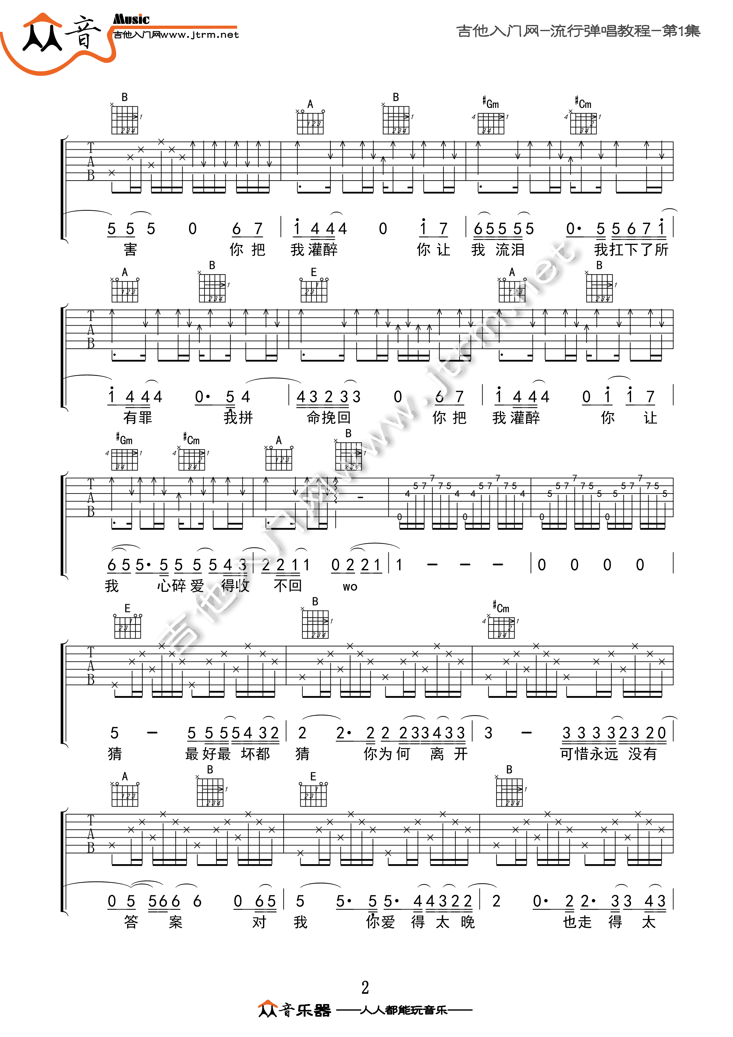 黄大炜《你把我灌醉》吉他谱_E调指法原版弹唱谱-图2