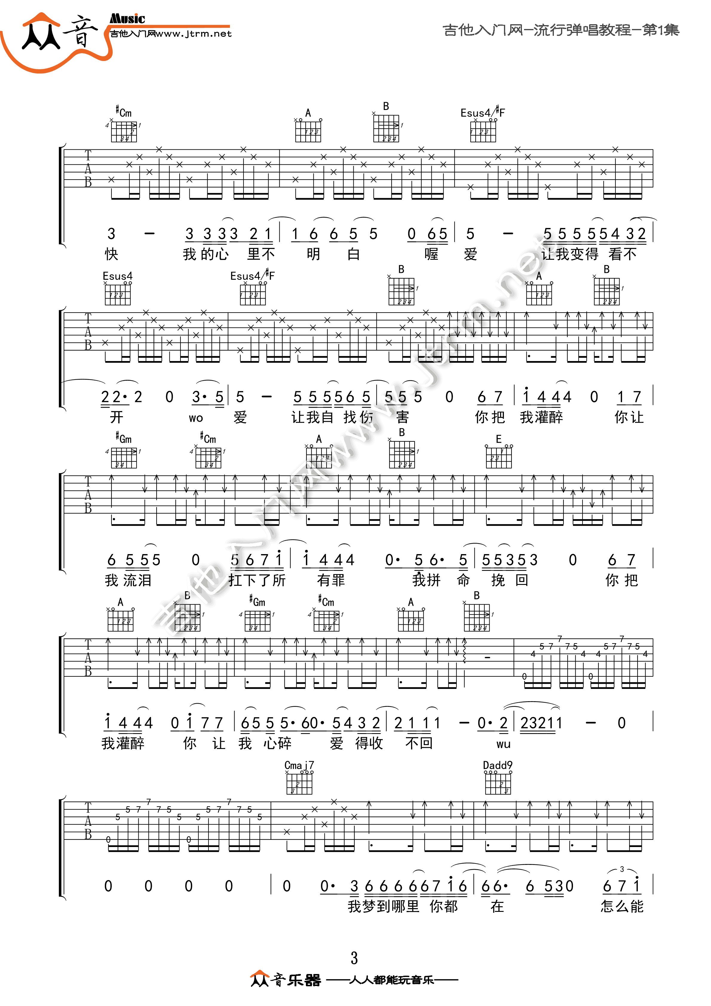 黄大炜《你把我灌醉》吉他谱_E调指法原版弹唱谱-图3