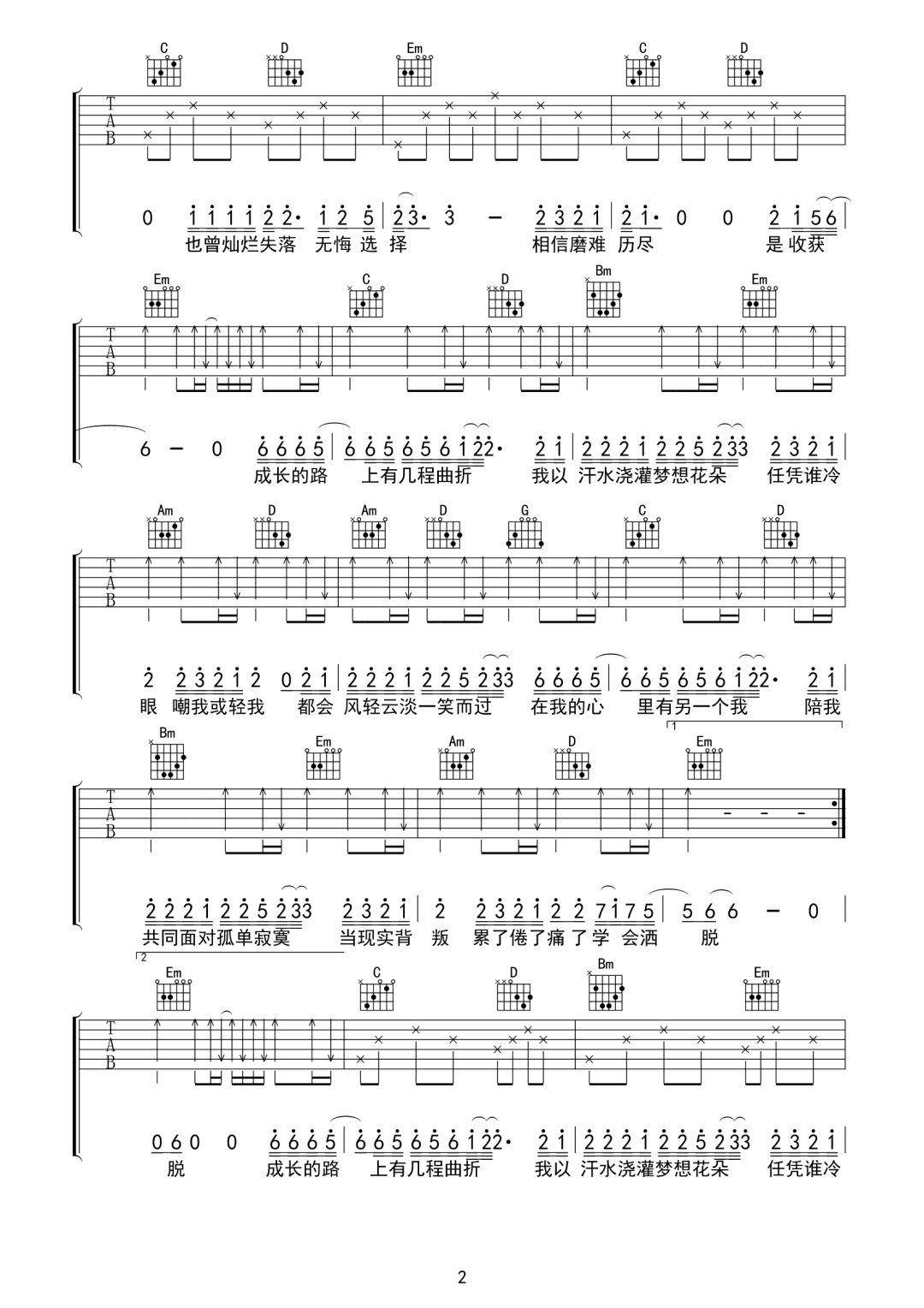 张茜《用力活着》吉他谱_G调原版弹唱谱-图2