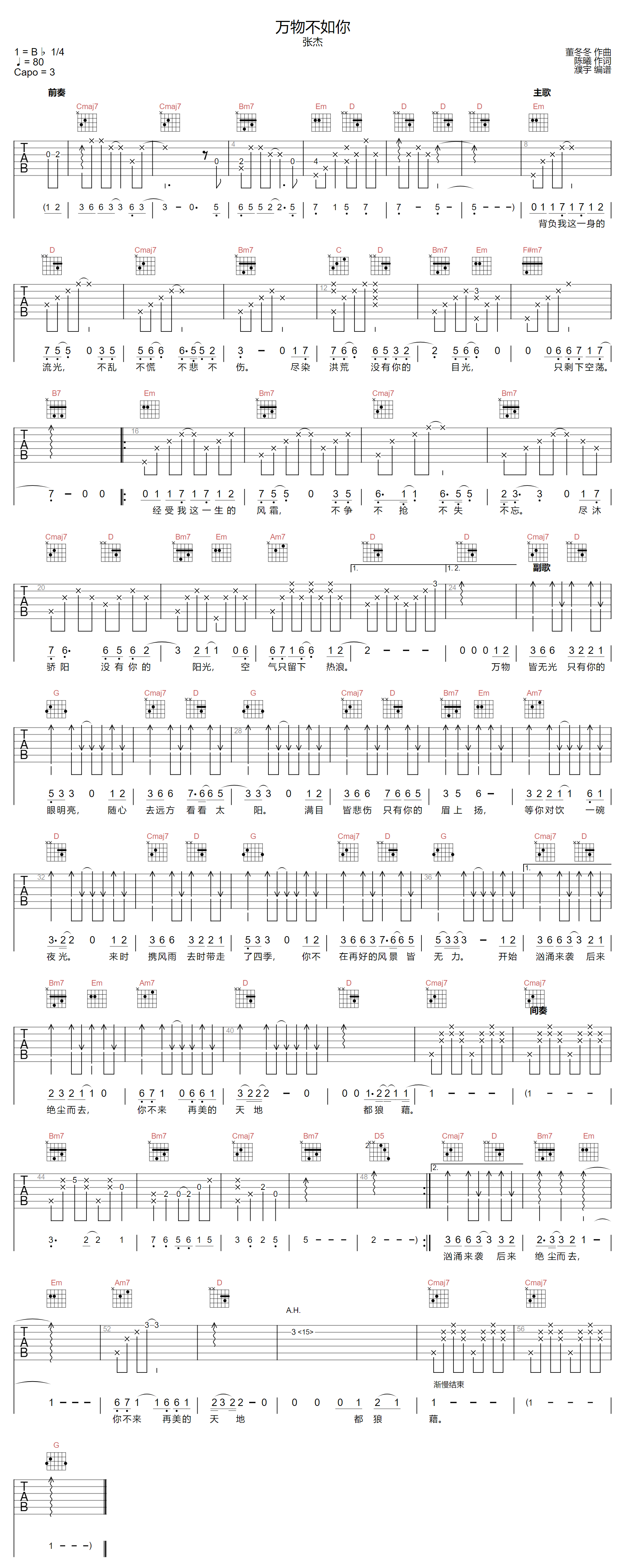 张杰《万物不如你》吉他谱_G调指法原版弹唱谱-图1