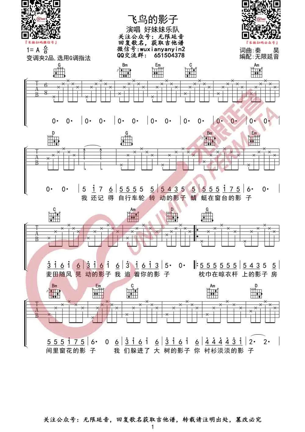 好妹妹乐队《飞鸟的影子》吉他谱_G调原版弹唱谱-图1