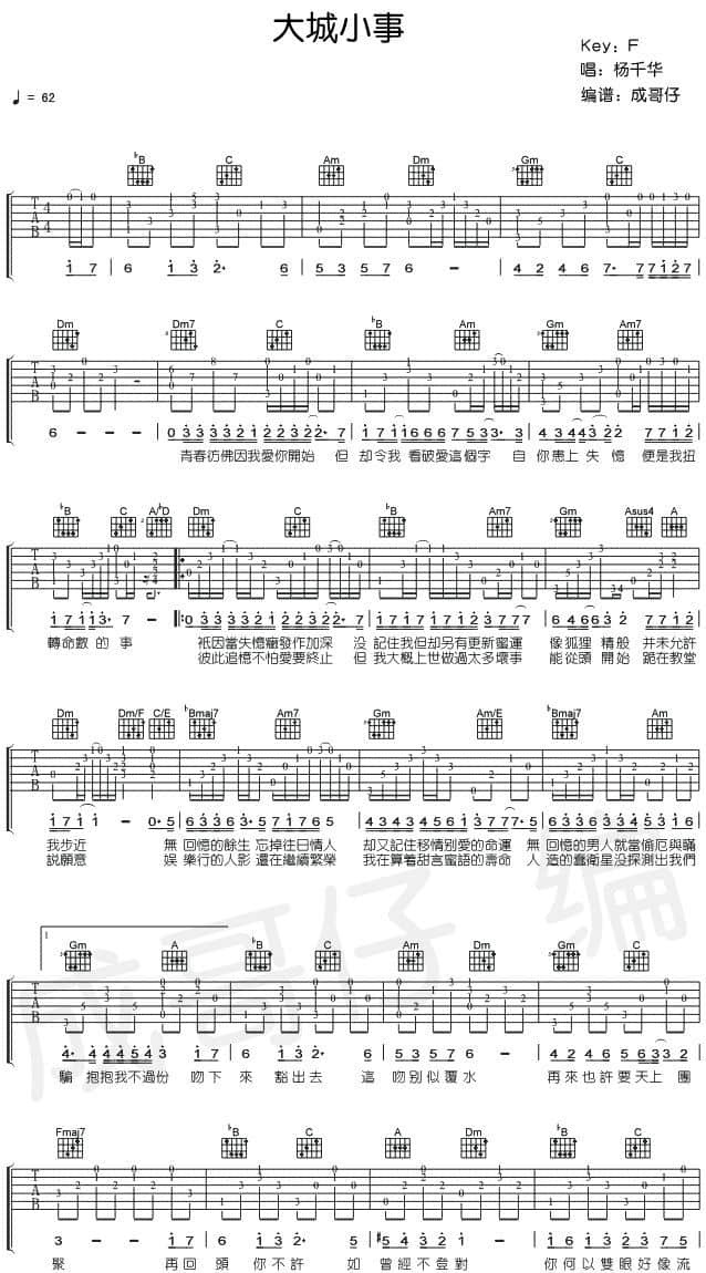 杨千嬅《小城大事》吉他谱_C调指法原版弹唱谱-图1