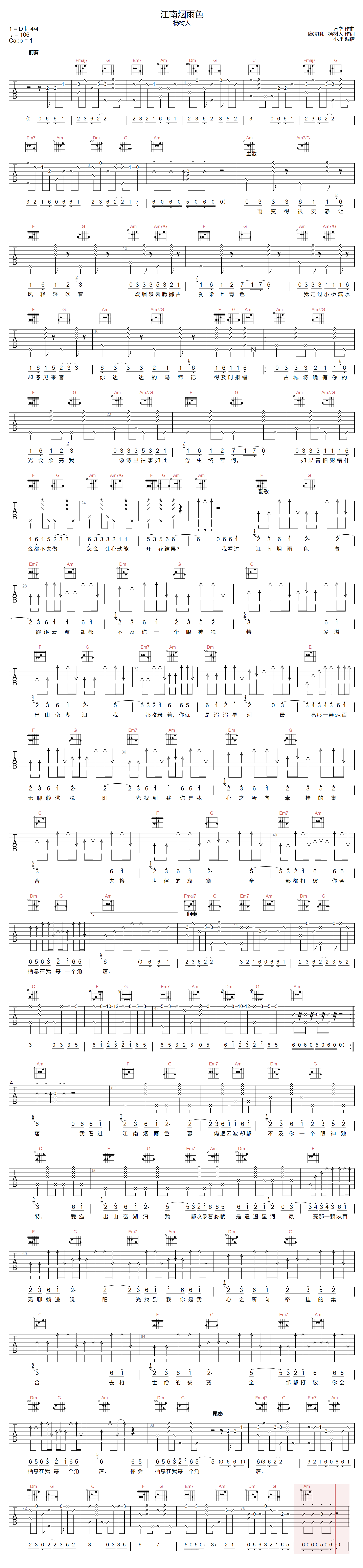 杨树人《江南烟雨色》吉他谱_C调原版弹唱谱-图1