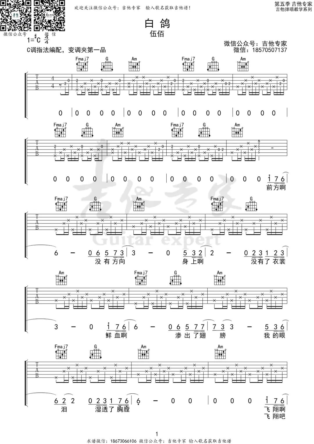 伍佰《白鸽》吉他谱_C调指法原版弹唱谱-图1