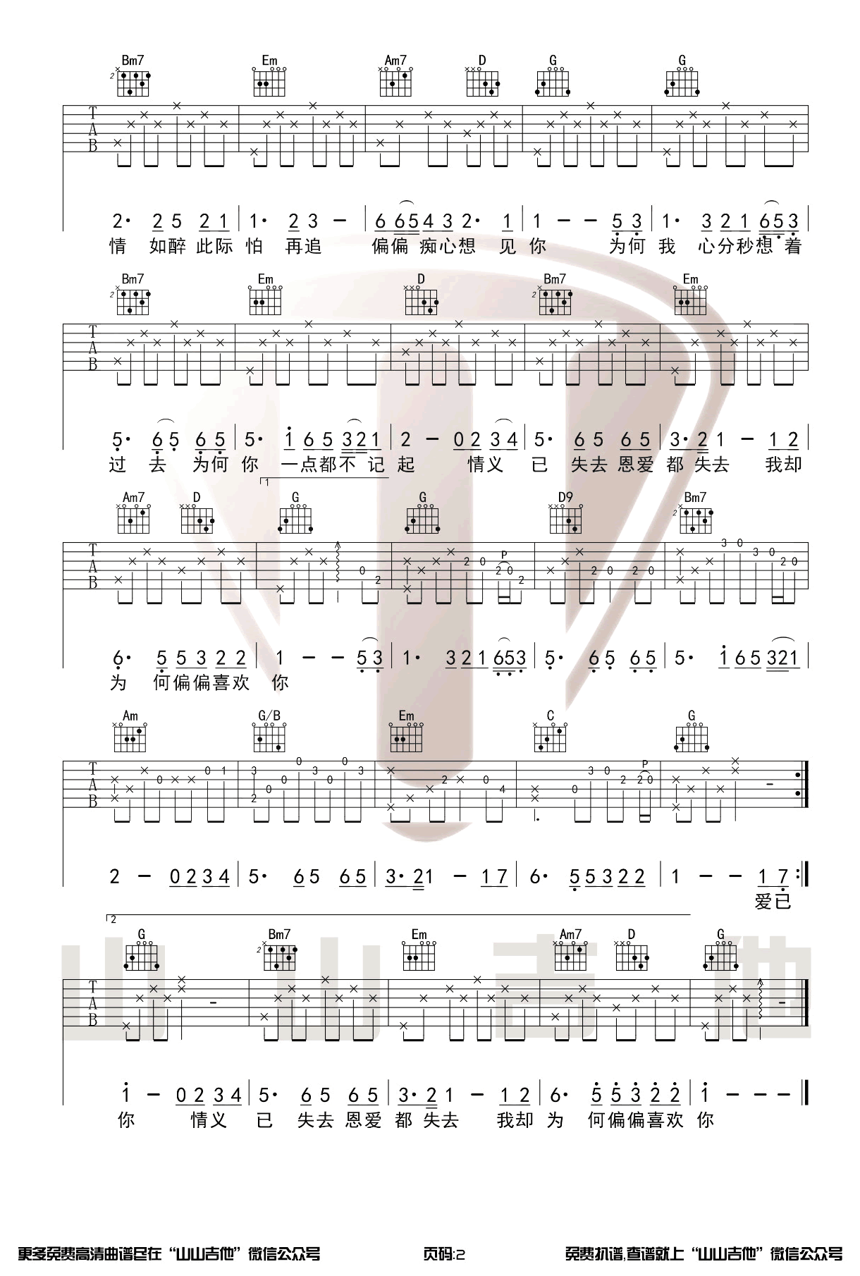 陈百强《偏偏喜欢你》吉他谱_G调指法原版弹唱谱-图2
