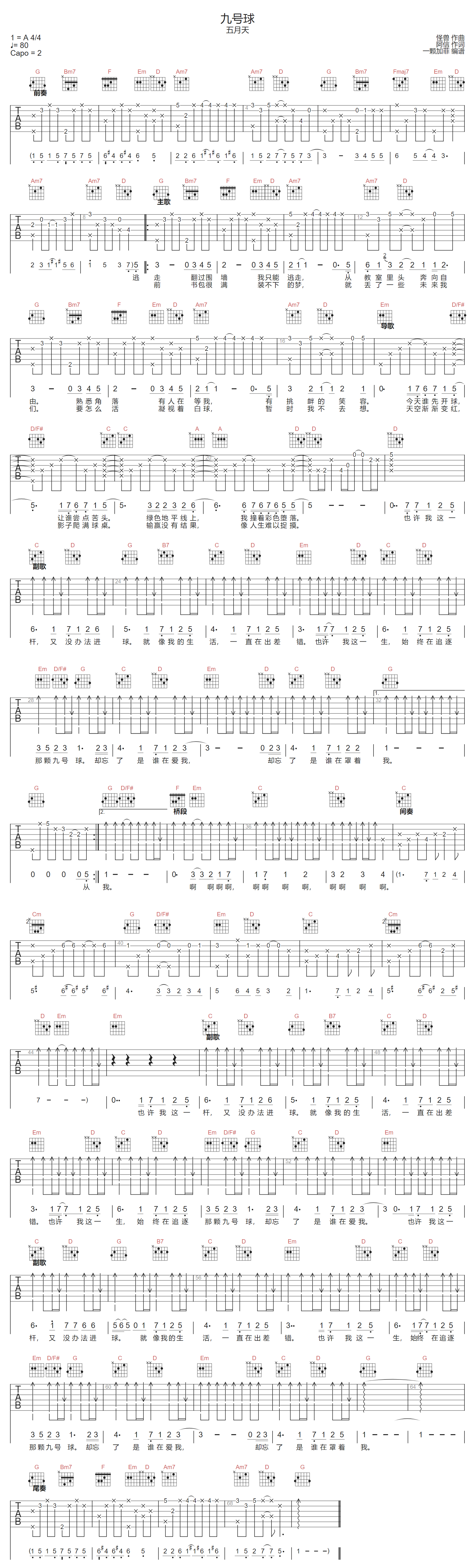 五月天《九号球》吉他谱_G调指法原版弹唱谱-图1