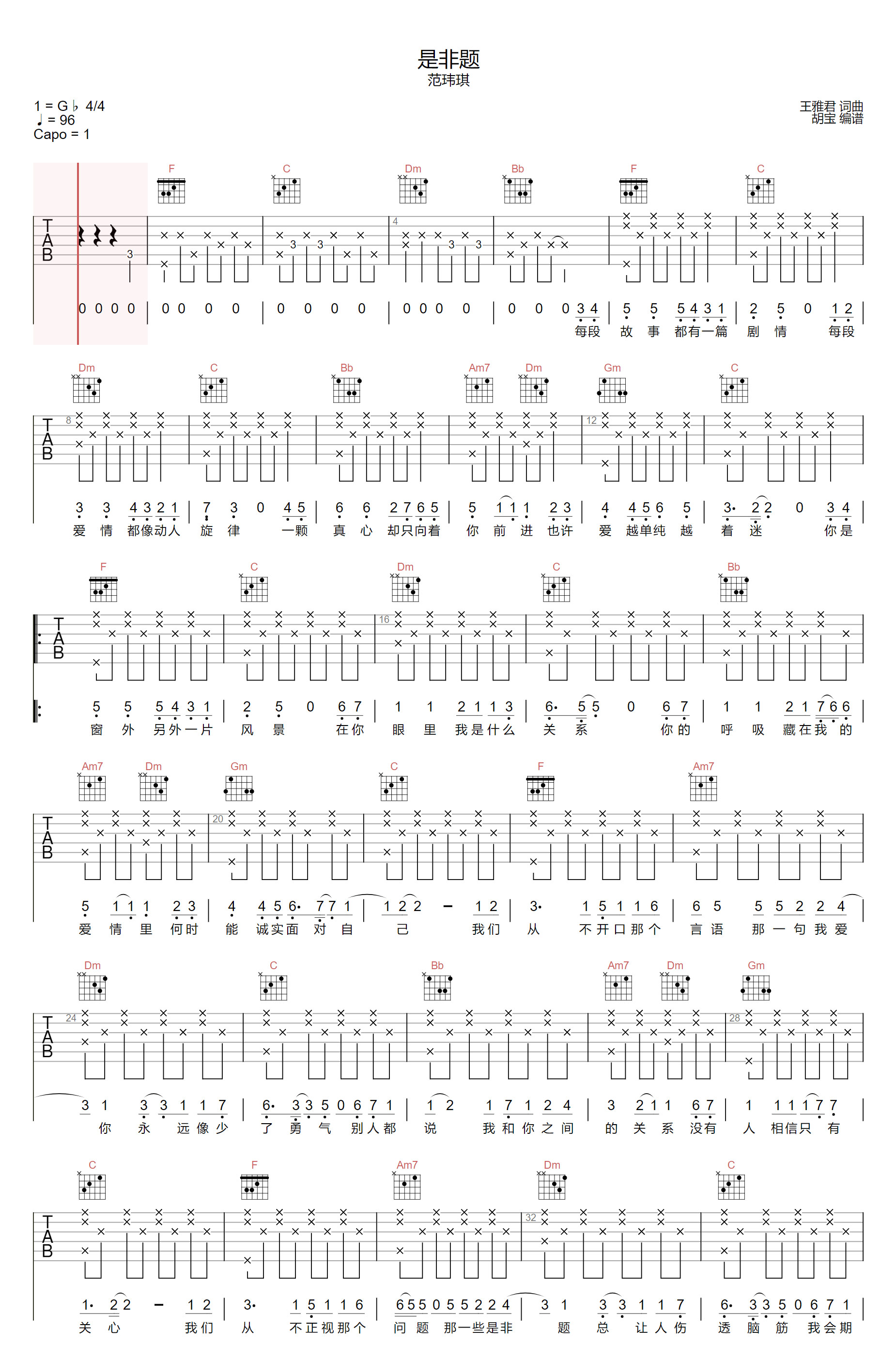 张小伙/粥粥zxr/范玮琪《是非题》吉他谱_F调_吉他弹唱吉他谱-图1