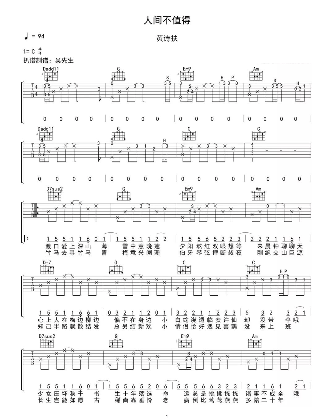 黄诗扶《人间不值得》吉他谱_C调原版弹唱谱-图1