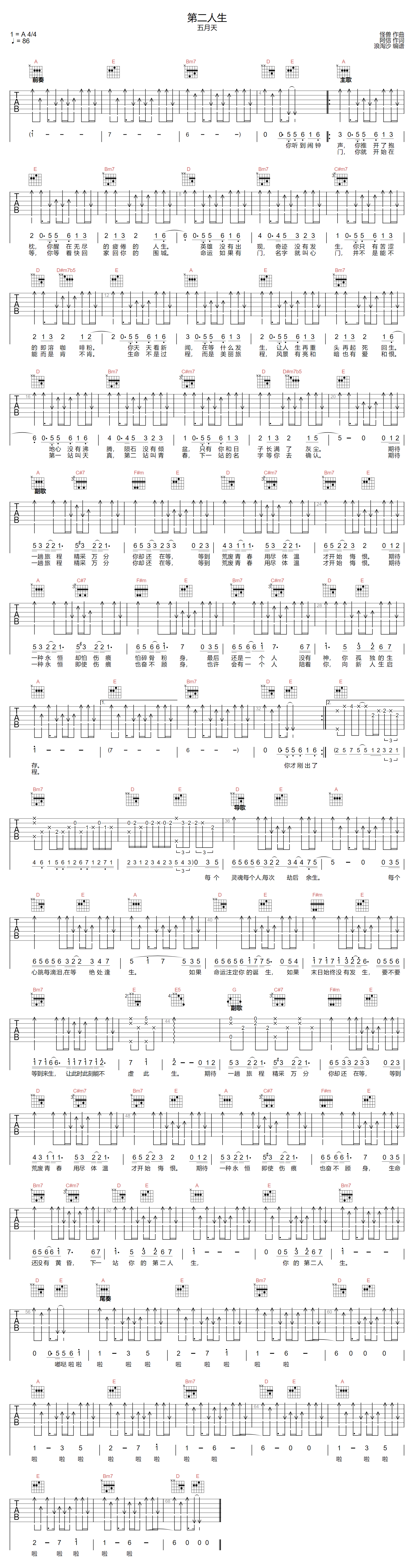 五月天《第二人生》吉他谱_A调指法扫弦版-图1
