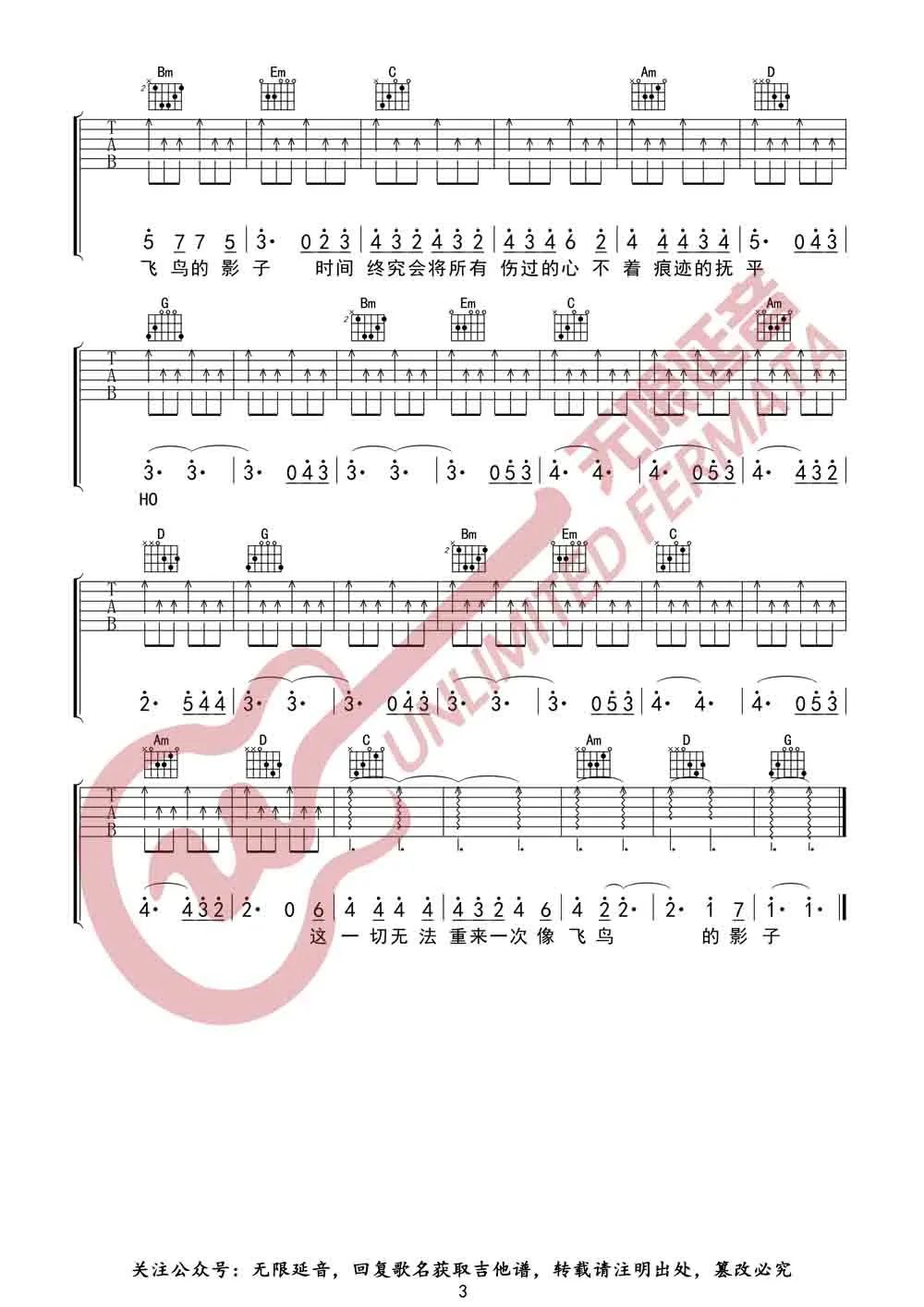 好妹妹乐队《飞鸟的影子》吉他谱_G调原版弹唱谱-图3