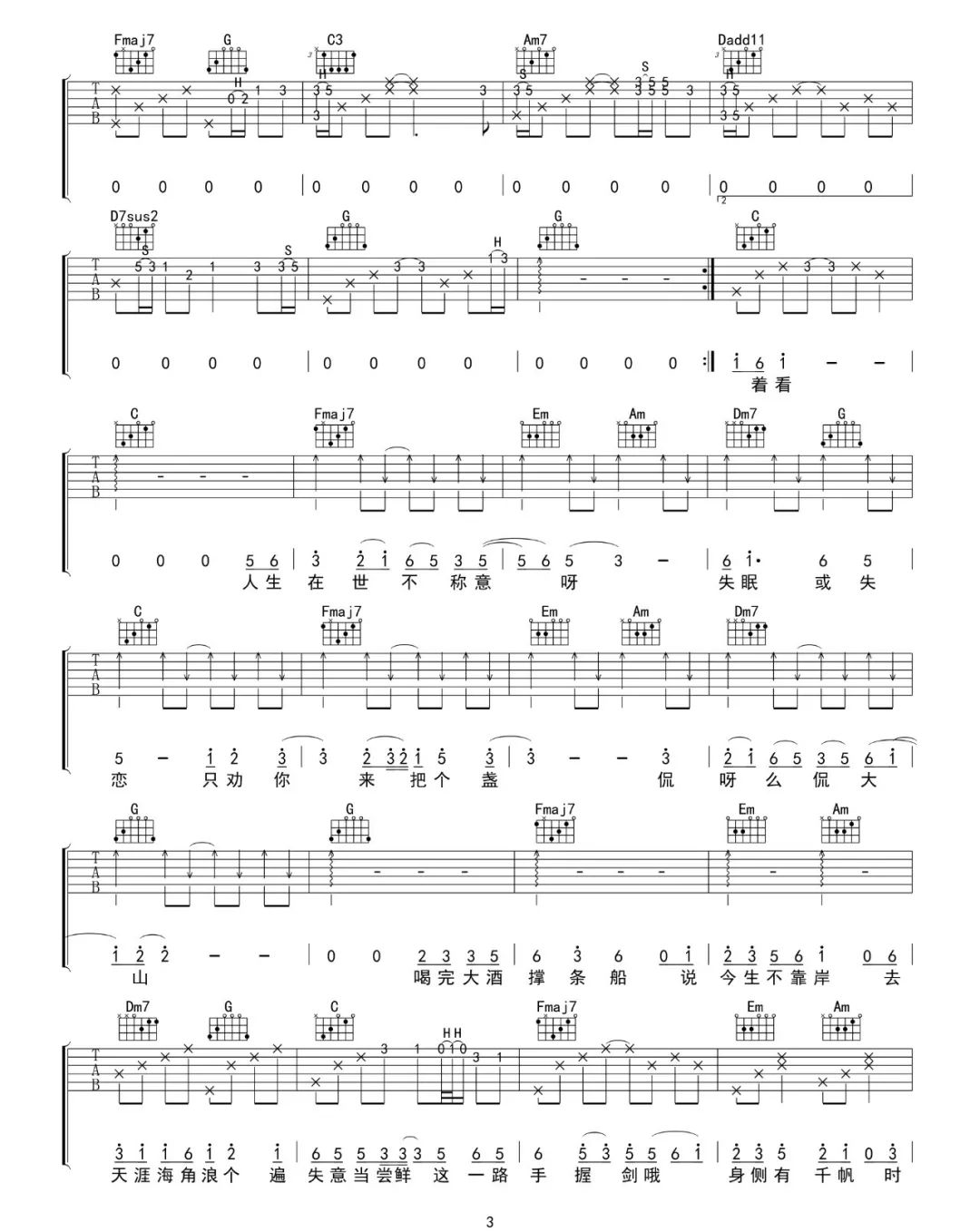 黄诗扶《人间不值得》吉他谱_C调原版弹唱谱-图3