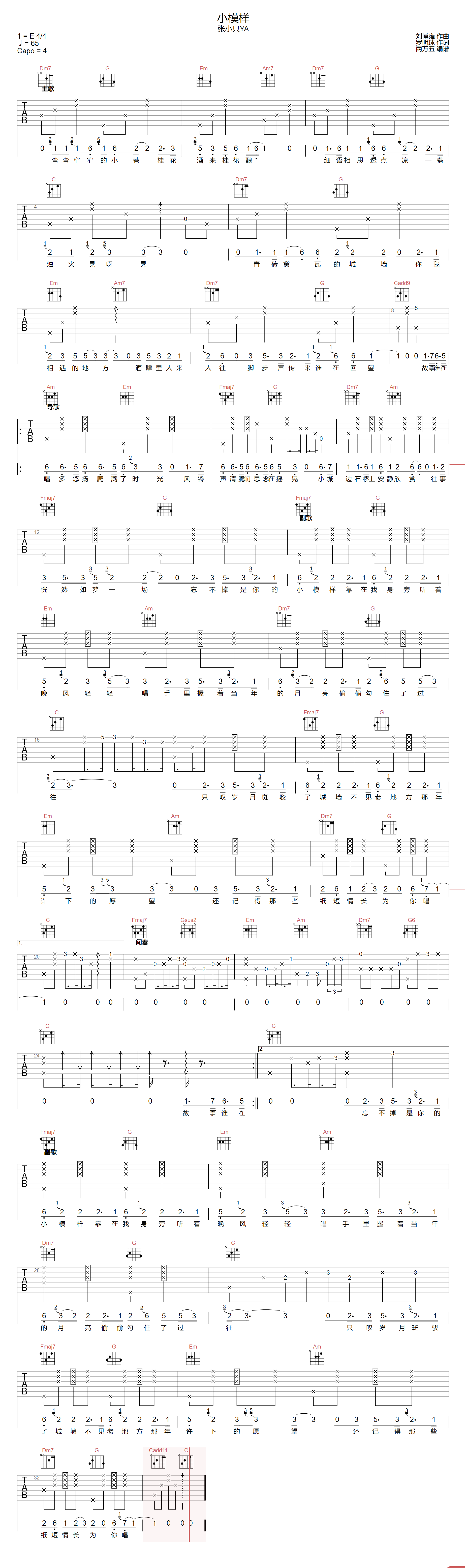 张小只ya《小模样》吉他谱_C调指法弹唱谱-图1