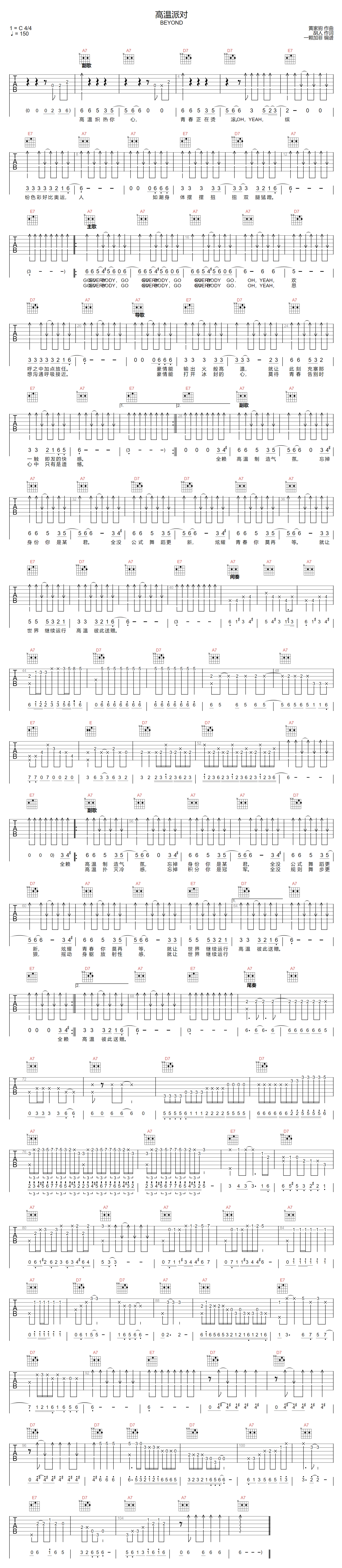 Beyond《高温派对》吉他谱_C调原版弹唱谱-图1