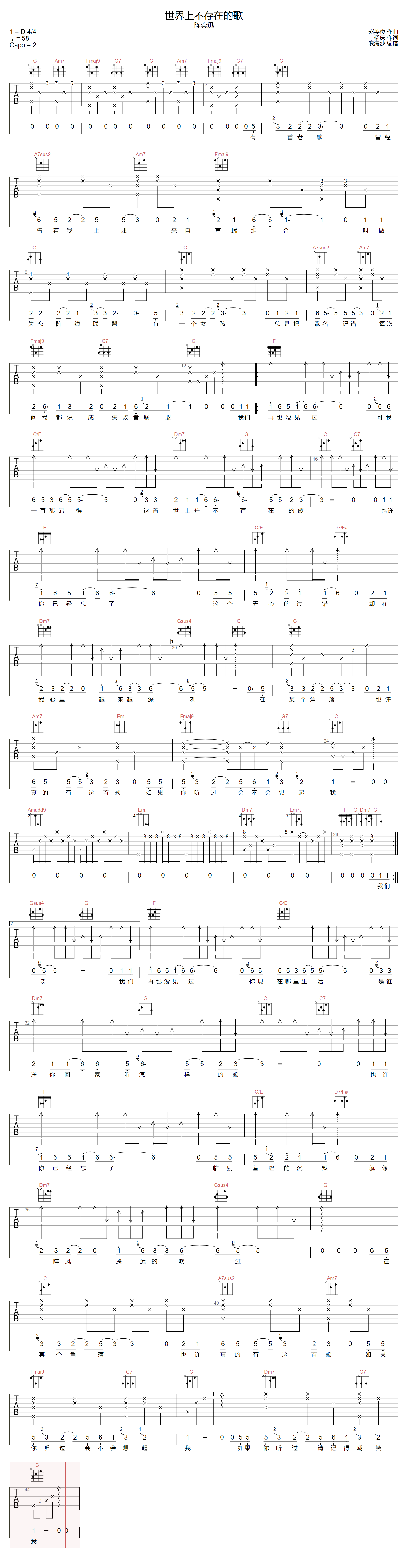 陈奕迅《世界上不存在的歌》吉他谱_C调原版-图1