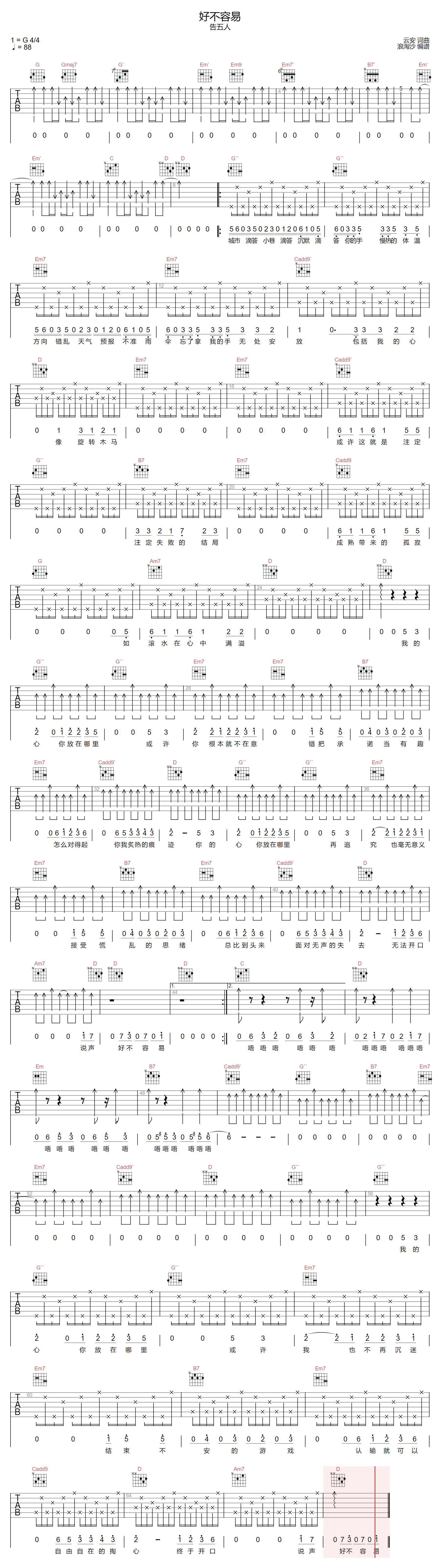 告五人《好不容易》吉他谱_G调指法原版弹唱谱-图1