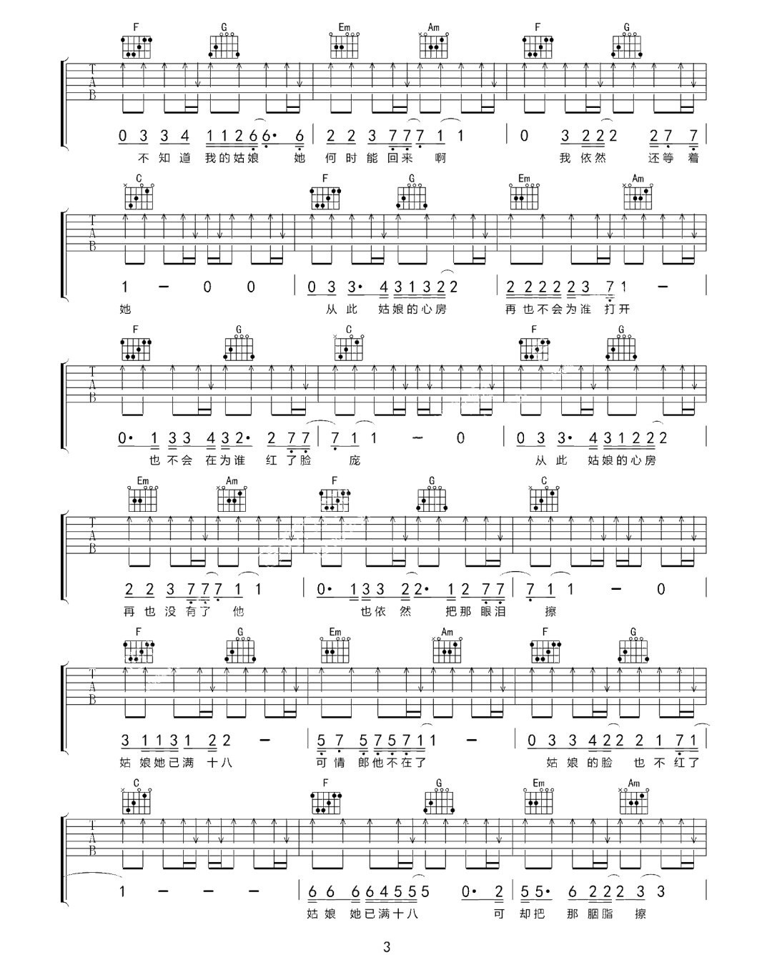 周末《胭脂粉》吉他谱_C调指法原版弹唱谱-图3