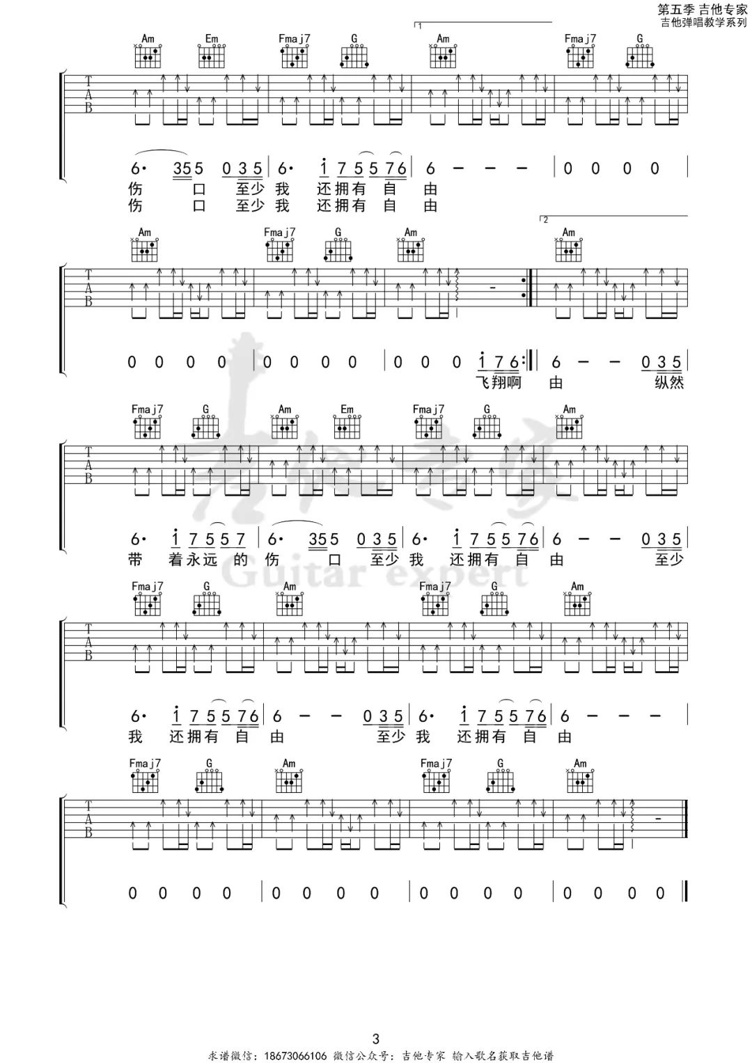 伍佰《白鸽》吉他谱_C调指法原版弹唱谱-图3