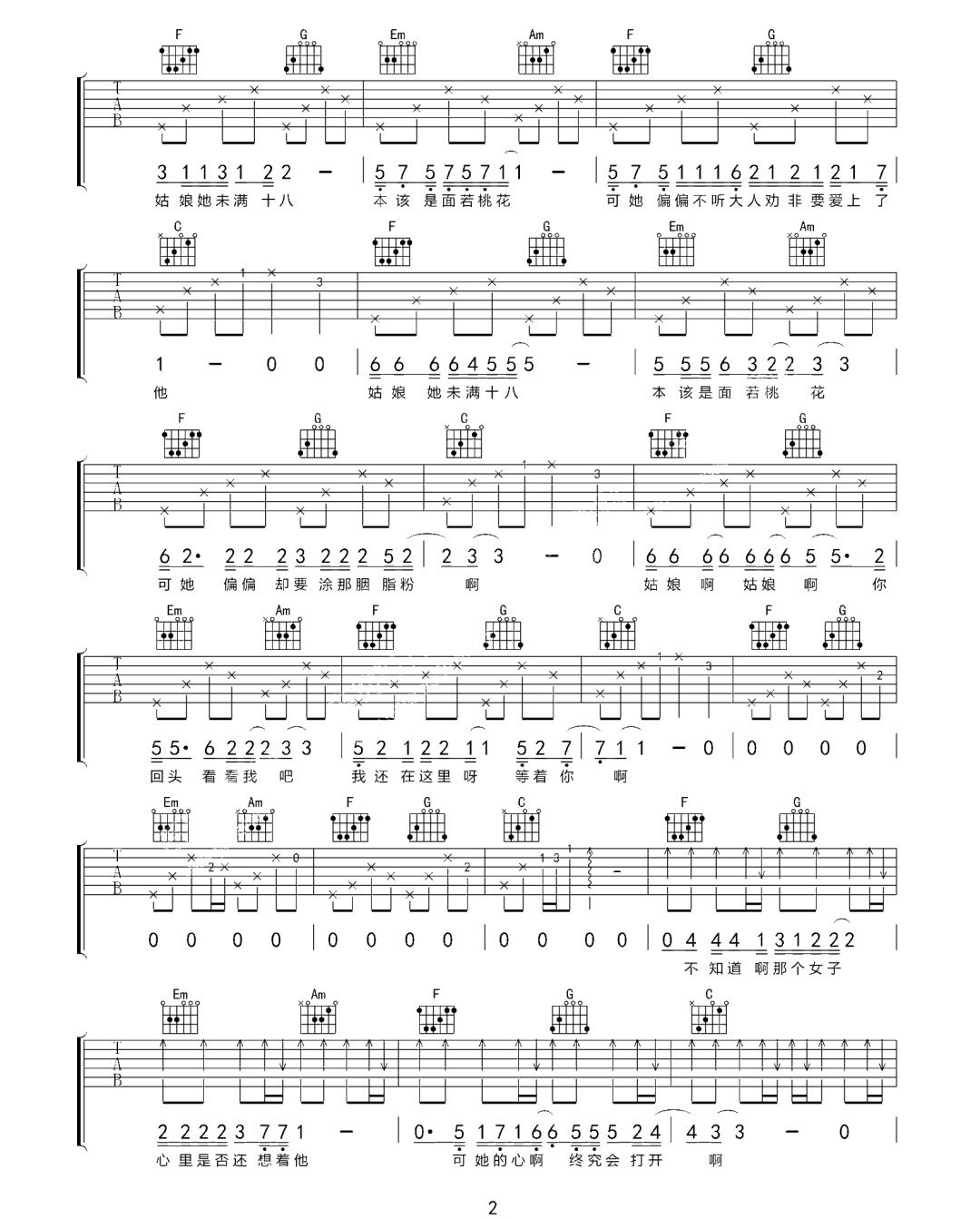 周末《胭脂粉》吉他谱_C调指法原版弹唱谱-图2