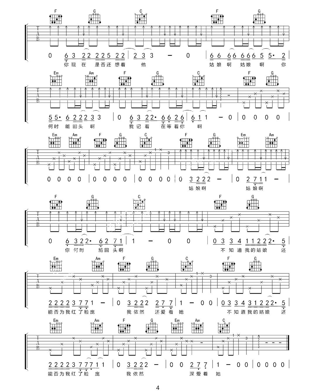 周末《胭脂粉》吉他谱_C调指法原版弹唱谱-图4