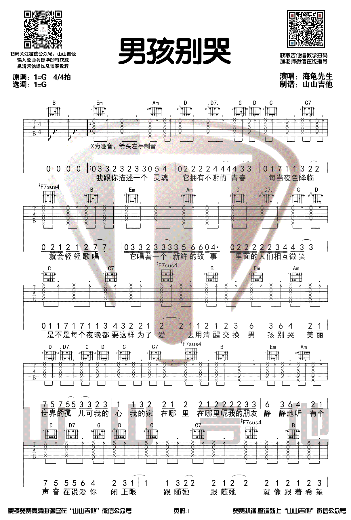 欧阳娜娜《男孩别哭》吉他谱_G调指法闷音版-图1