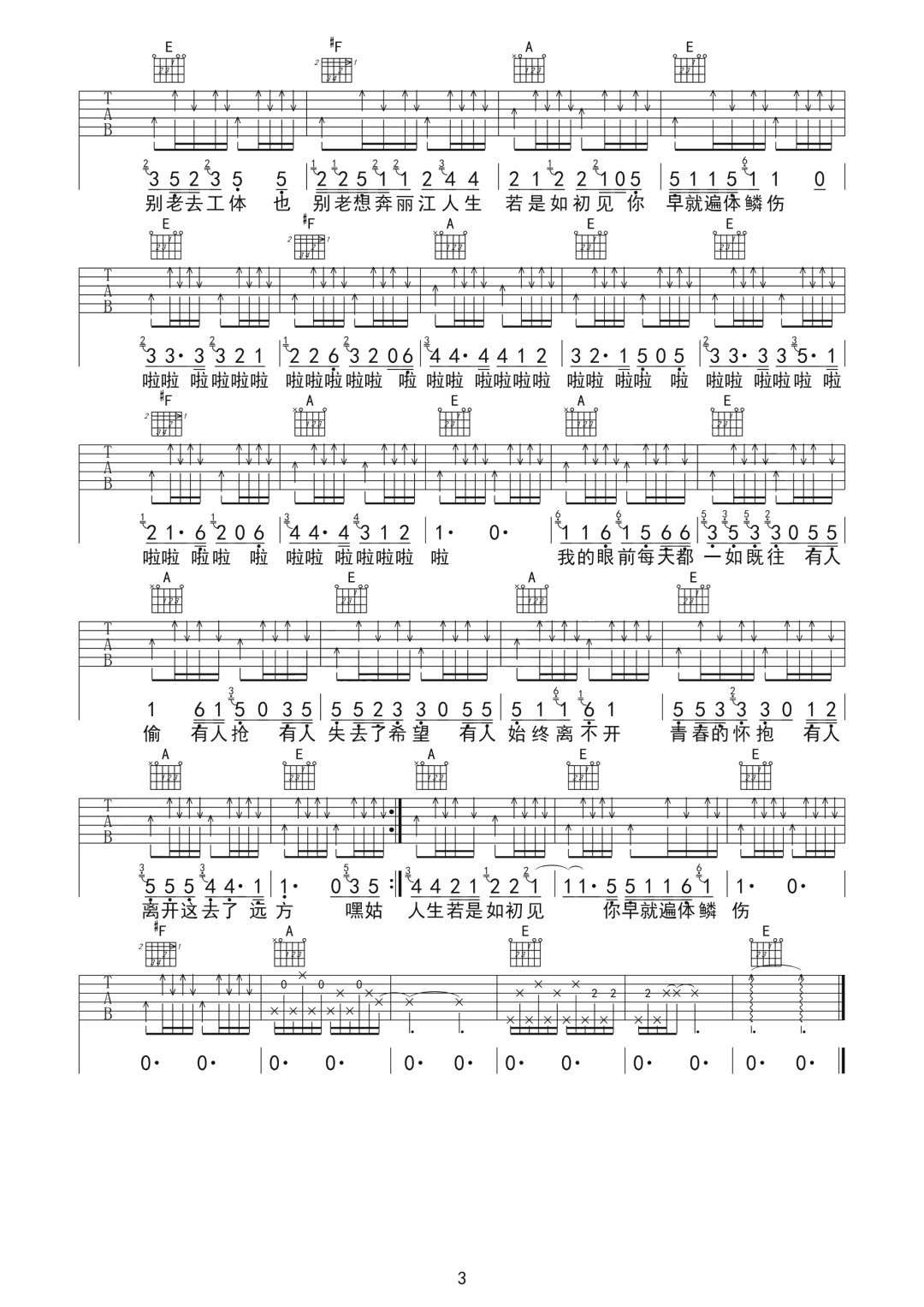 宋冬野《悲了伤的老王》吉他谱_E调指法扫弦版-图3