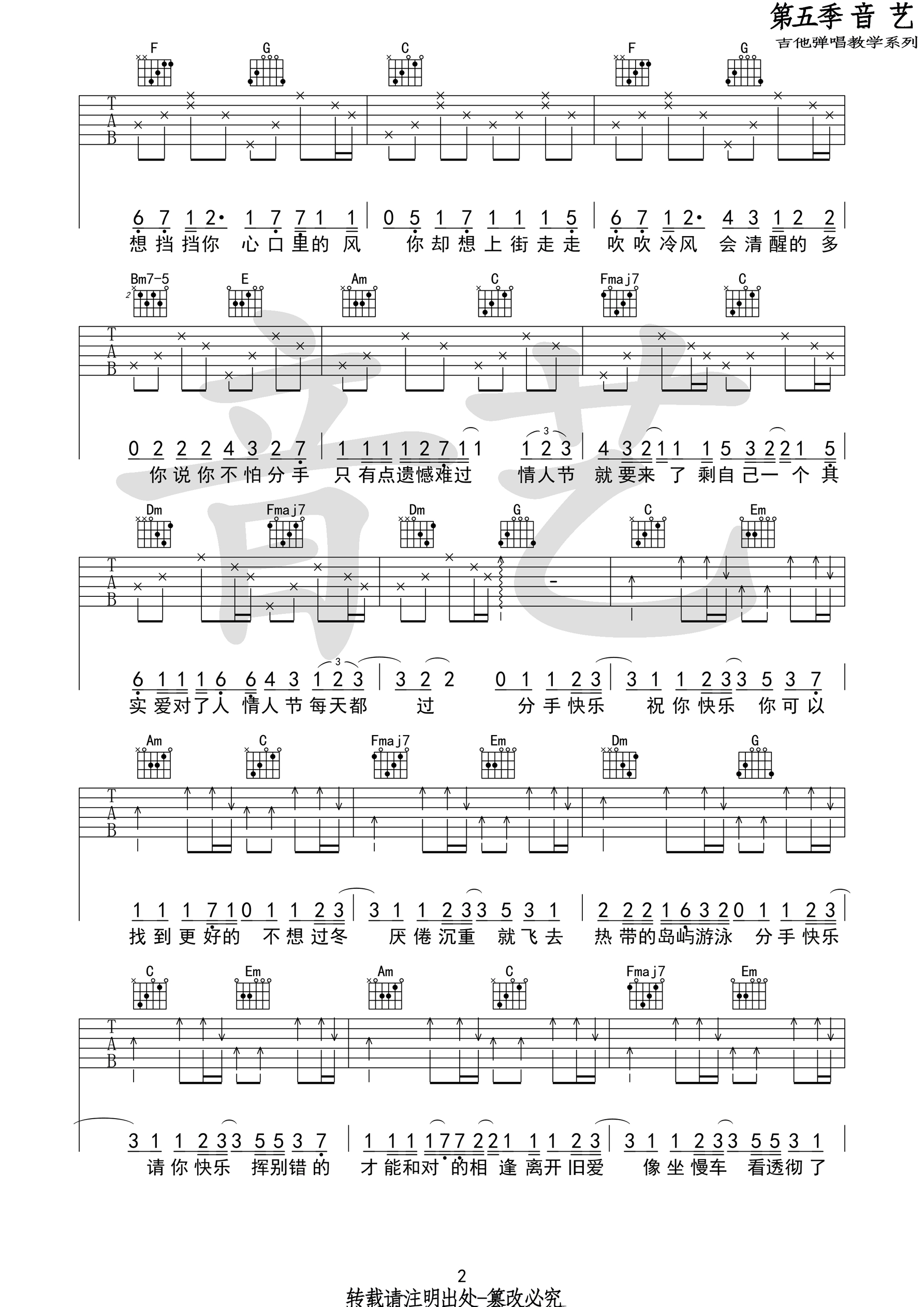 梁静茹《分手快乐》吉他谱_C调指法原版弹唱谱-图2