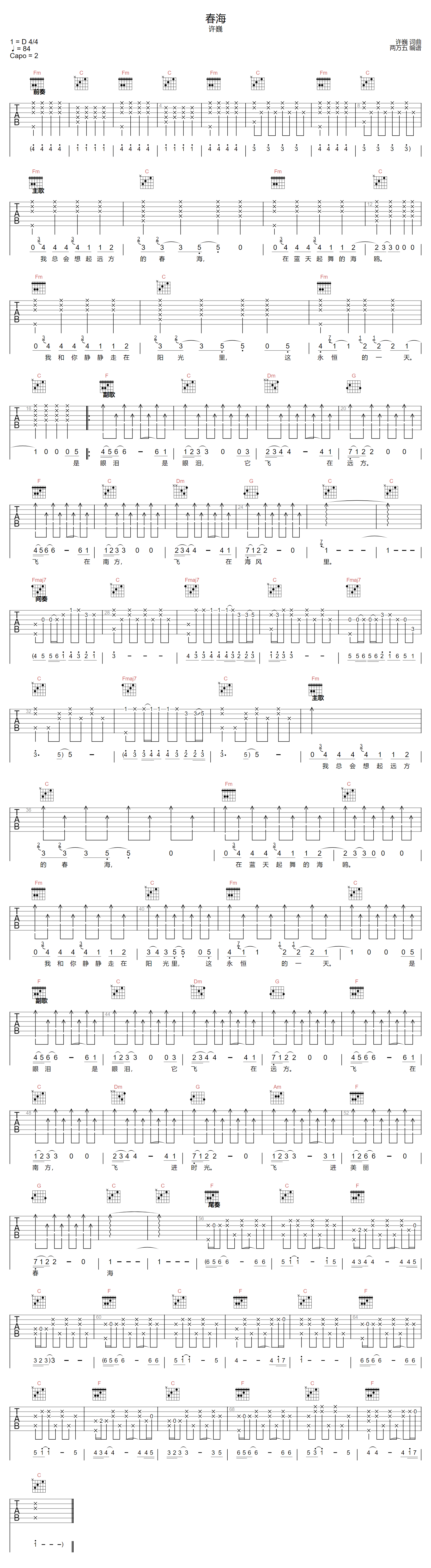 许巍《春海》吉他谱_C调指法原版弹唱谱-图1