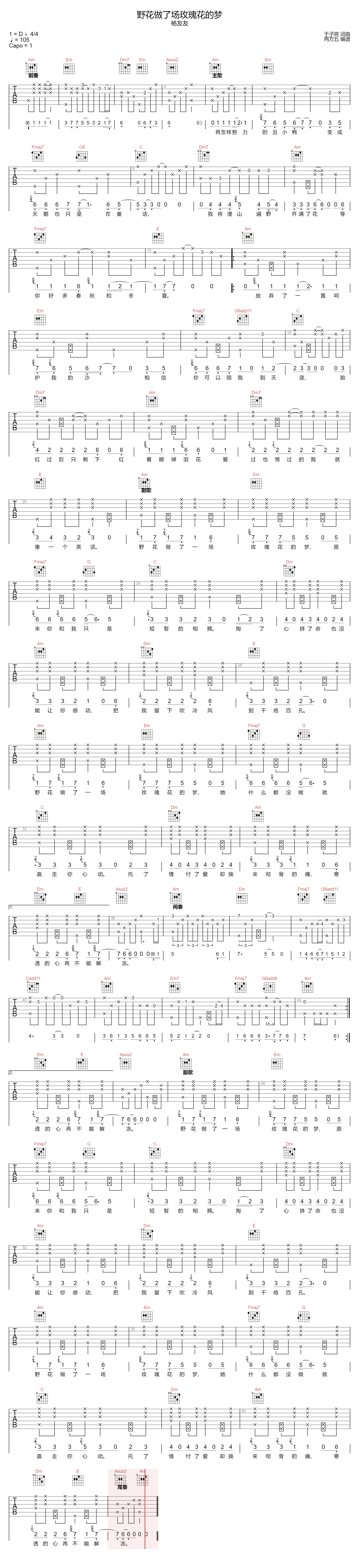 杨友友《野花做了场玫瑰花的梦》吉他谱_C调原版-图1