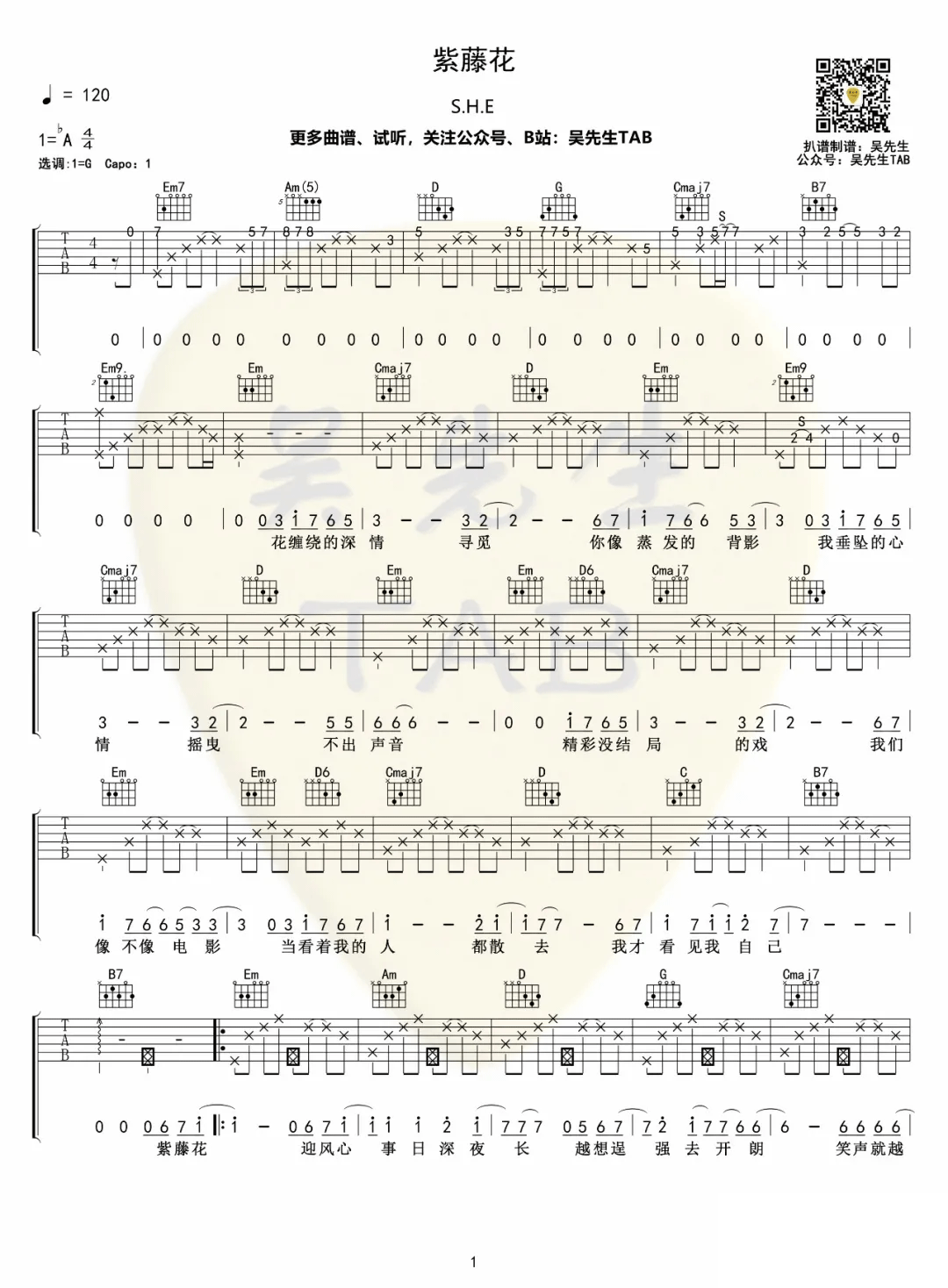 S.H.E《紫藤花》吉他谱_G调原版弹唱谱-图1