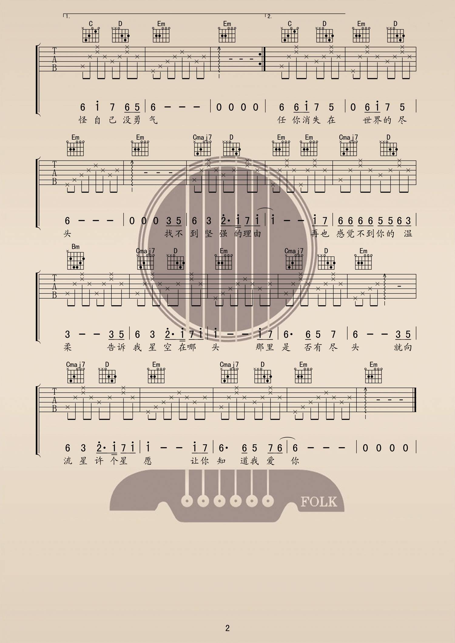 张柏芝《星语心愿》吉他谱_G调指法原版弹唱谱-图2
