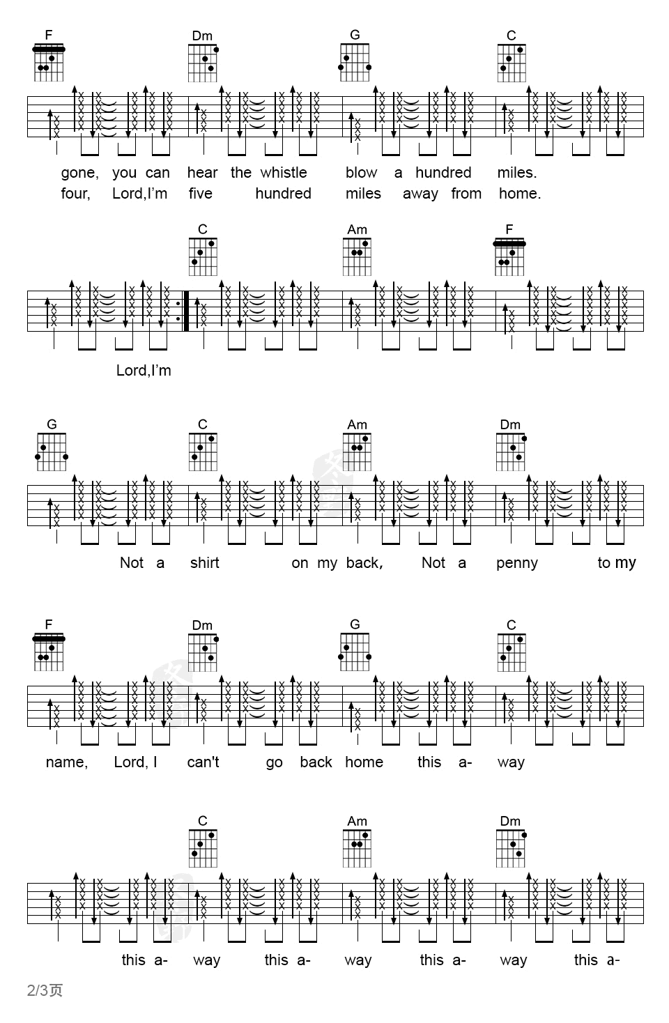 醉乡民谣《500miles》吉他谱_C调扫弦版弹唱谱-图2