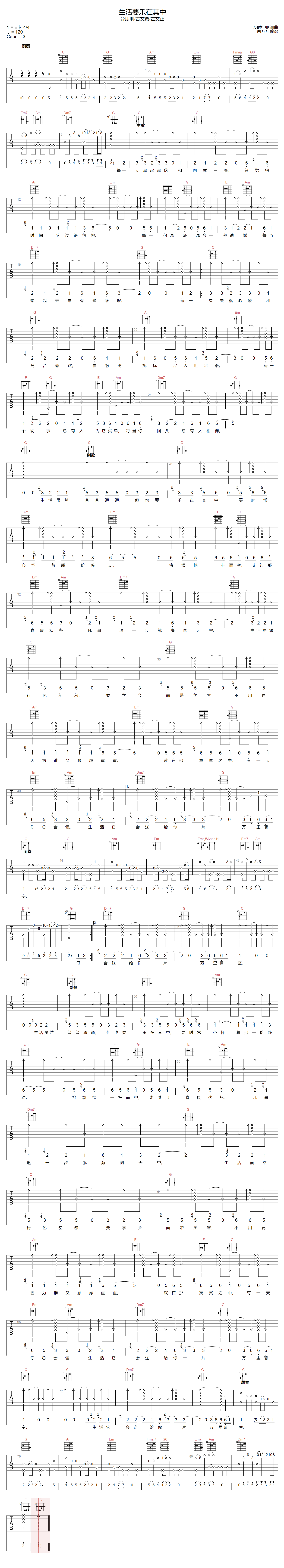 薛朋朋/古文豪/左文正《生活要乐在其中》吉他谱_C调图片吉他谱-图1