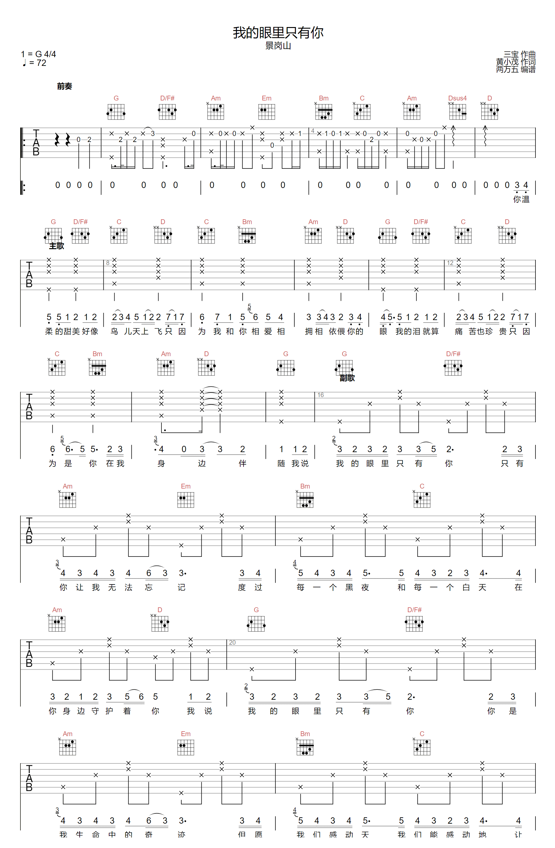 周柯宇/井冈山《我的眼里只有你》吉他谱_G调-图1