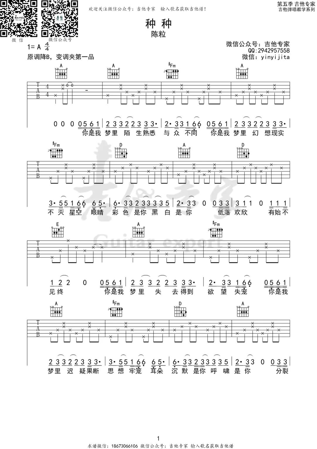 陈粒《种种》吉他谱_A调指法原版弹唱谱-图1