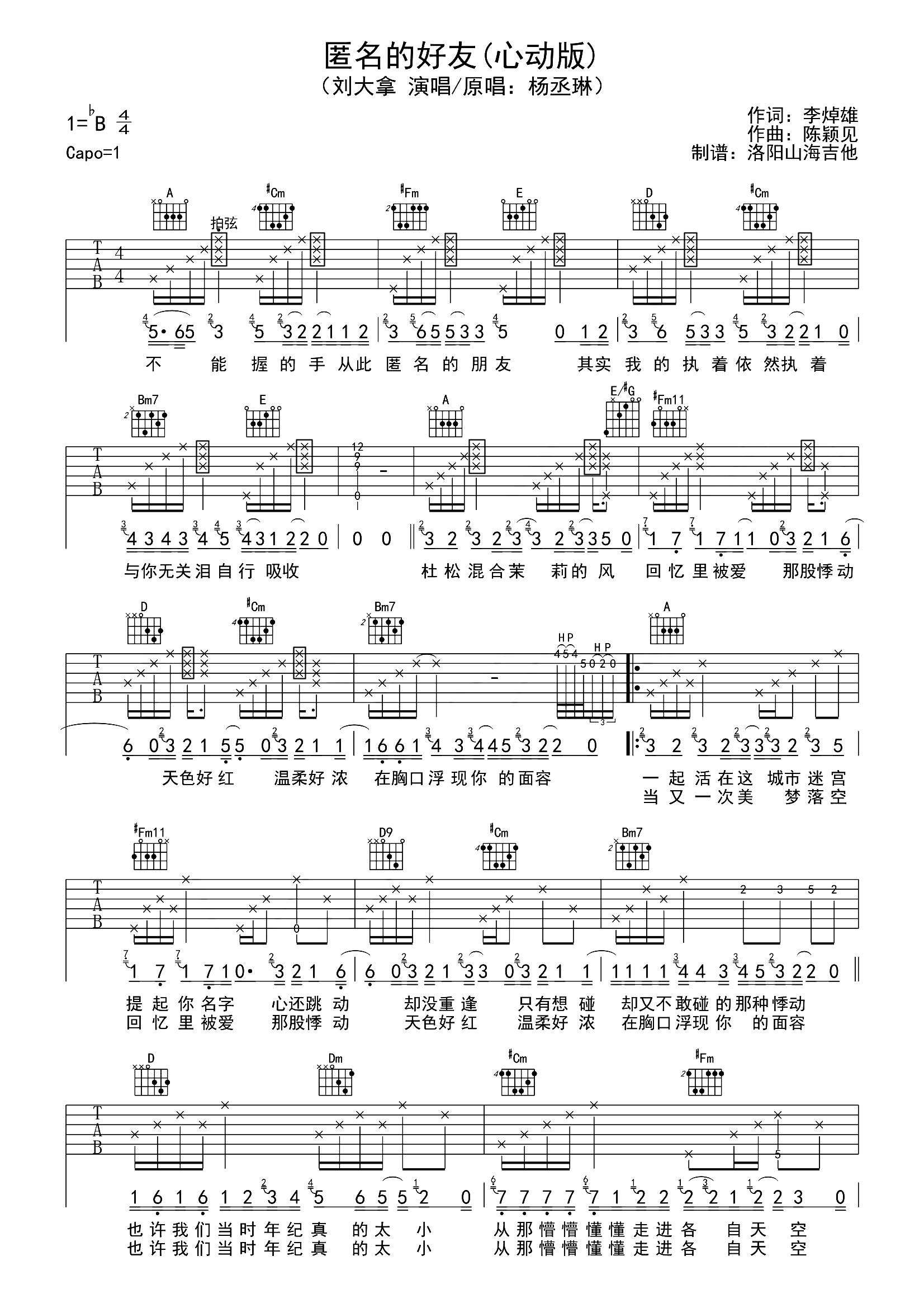 刘大拿《匿名的好友》吉他谱_A调指法弹唱谱-图1