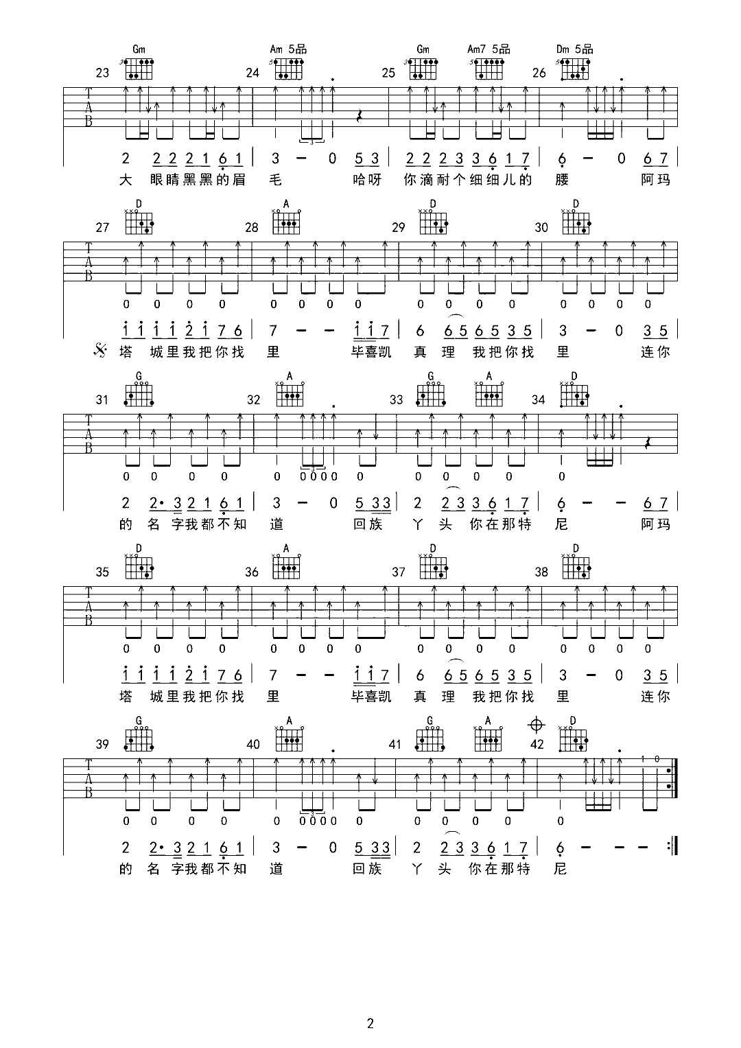 苏尔东《回族丫头》吉他谱_F调原版弹唱谱-图2