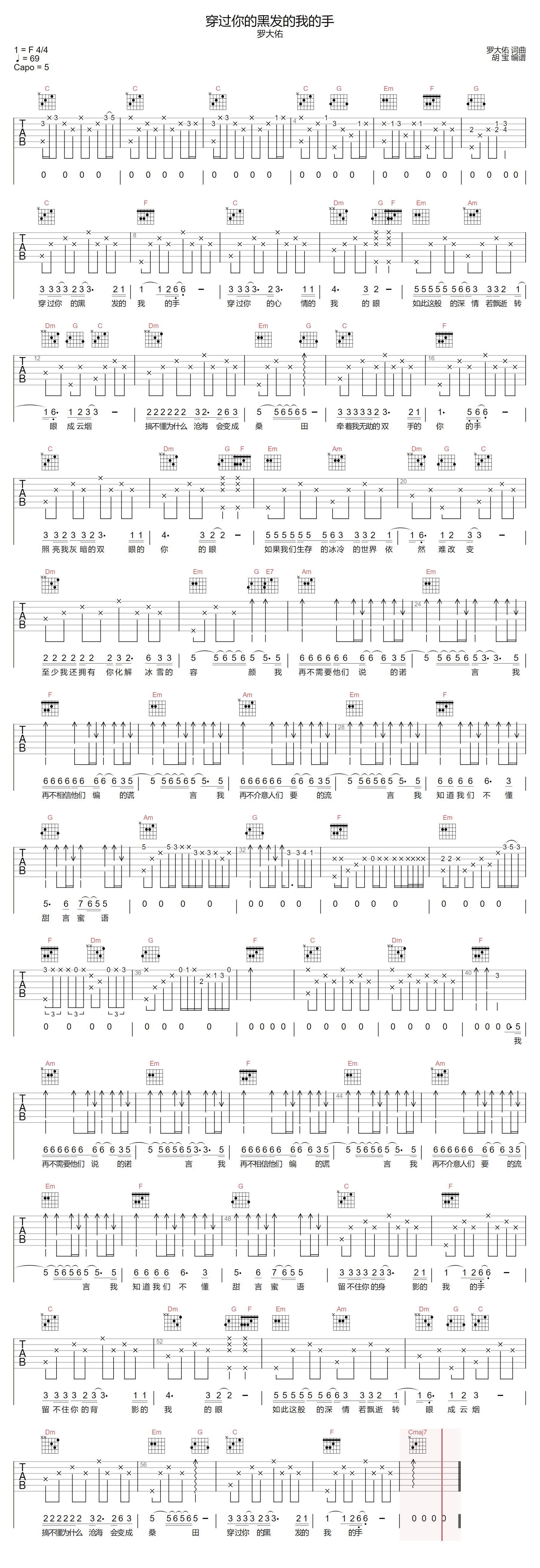 张学友/罗大佑《穿过你的黑发的我的手》吉他谱_C调-图1