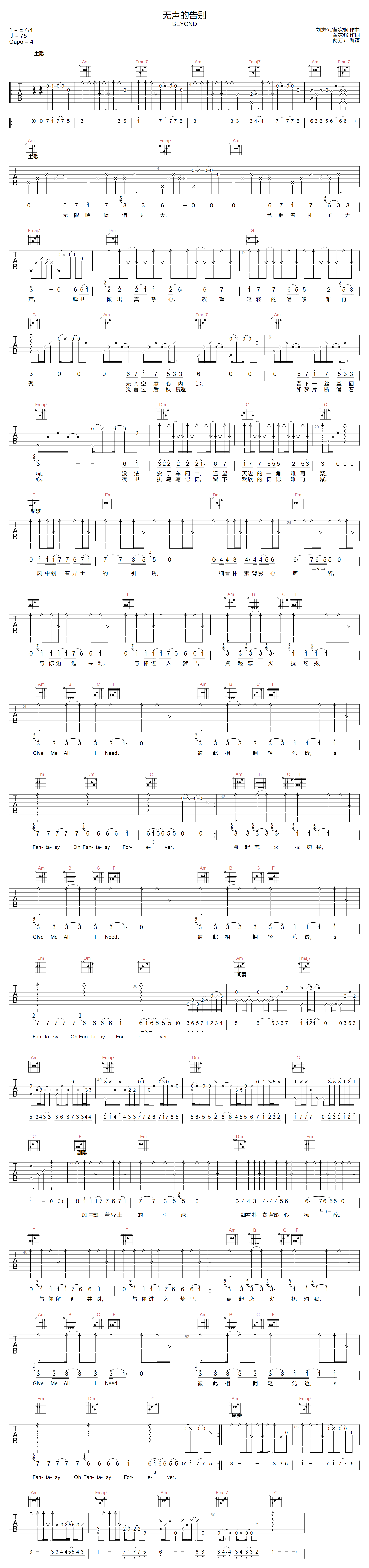 Beyond《无声的告别》吉他谱_C调原版弹唱谱-图1