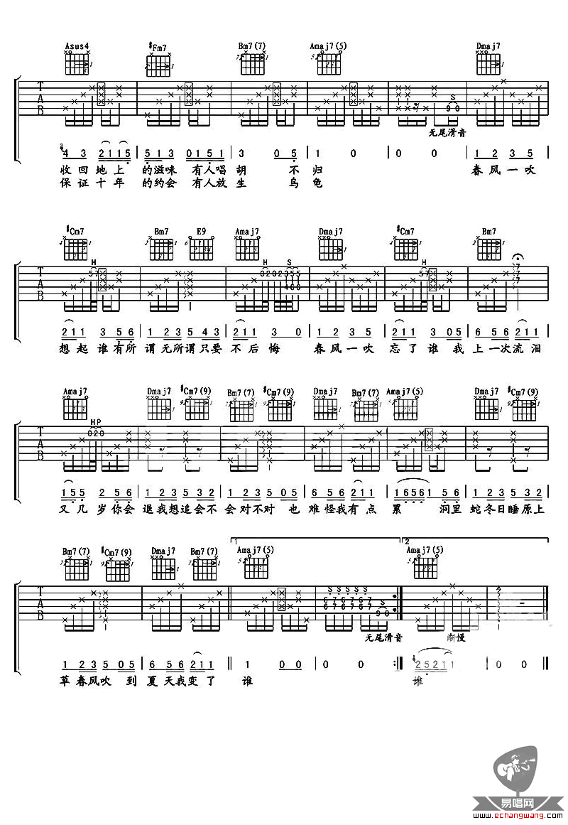 方大同《春风吹》吉他谱_A调指法原版弹唱谱-图2