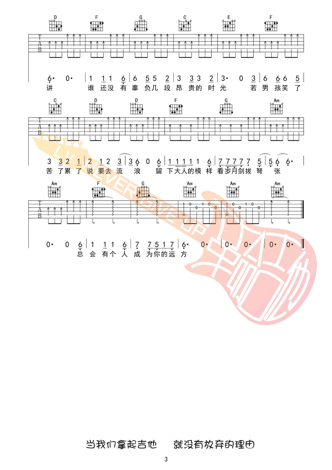 毛不易《牧马城市》吉他谱_C调指法扫弦版-图3