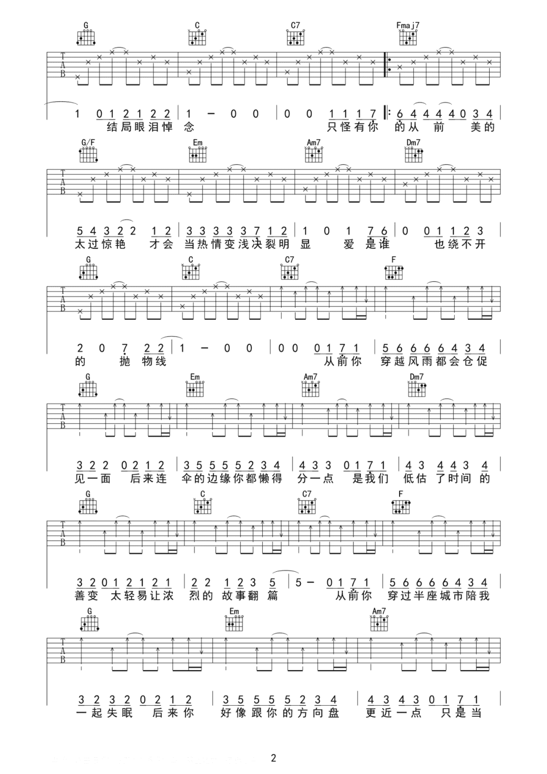 王靖雯不胖《善变》吉他谱_C调原版弹唱谱-图2