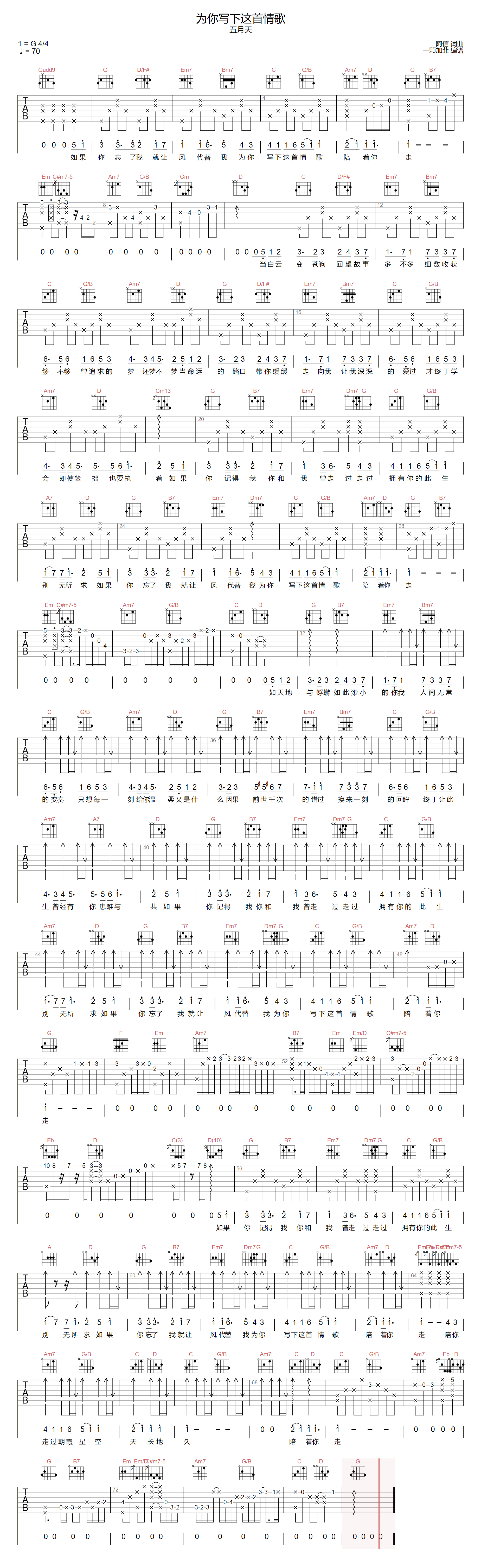 五月天《为你写下这首情歌》吉他谱_G调指法-图1