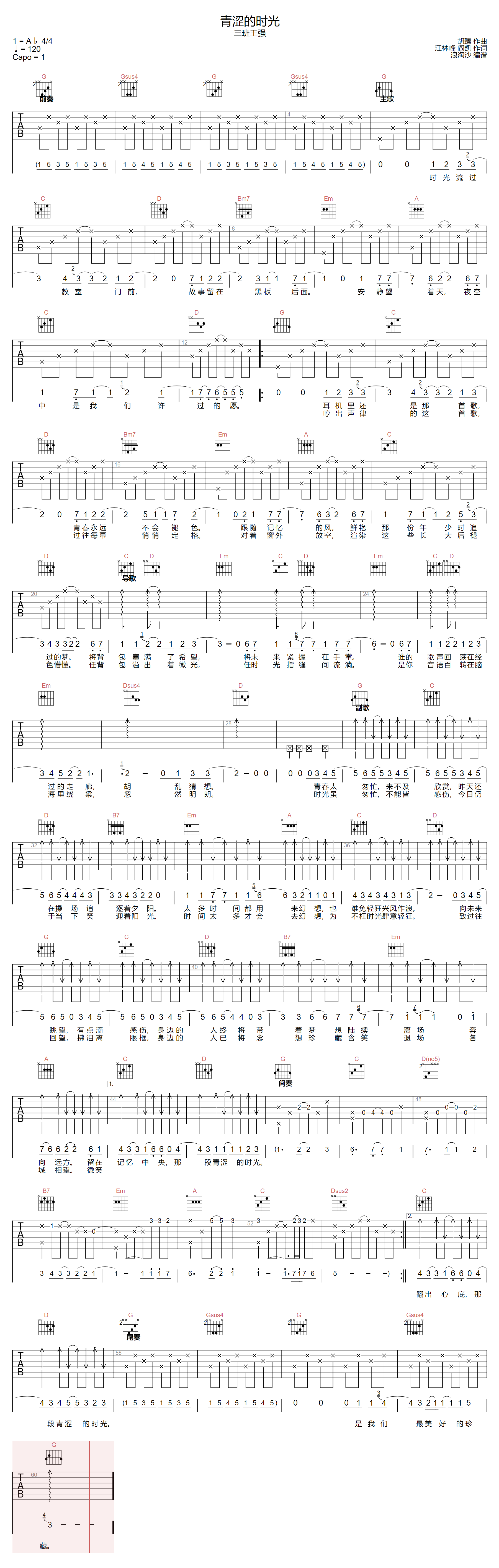 三班王强《青涩的时光》吉他谱_G调指法弹唱谱-图1