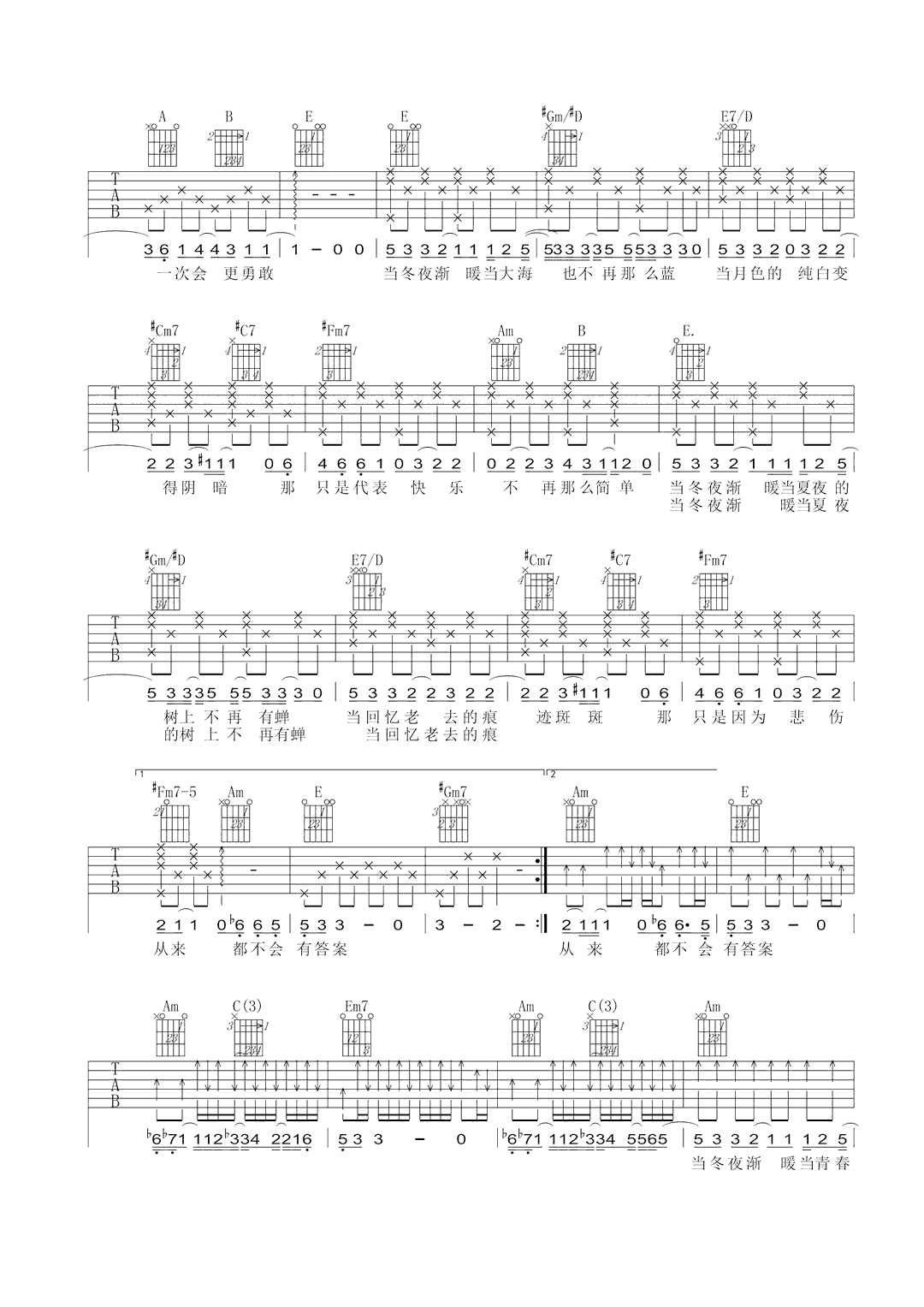 孙燕姿《当冬夜渐暖》吉他谱_E调原版弹唱谱-图2